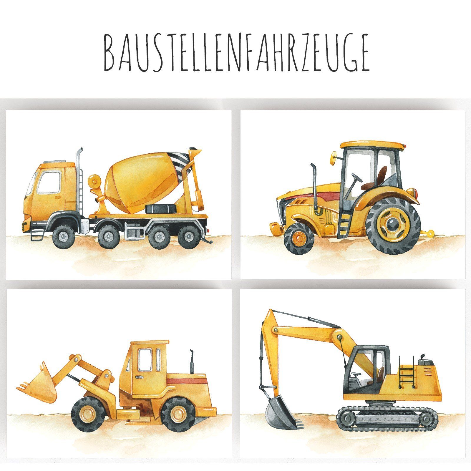 homestyle-accessoires Poster Bilderset BAUSTELLENFAHRZEUGE BAGGER 4er SET DIN A4/A3 Prints, Ohne Bilderrahmen