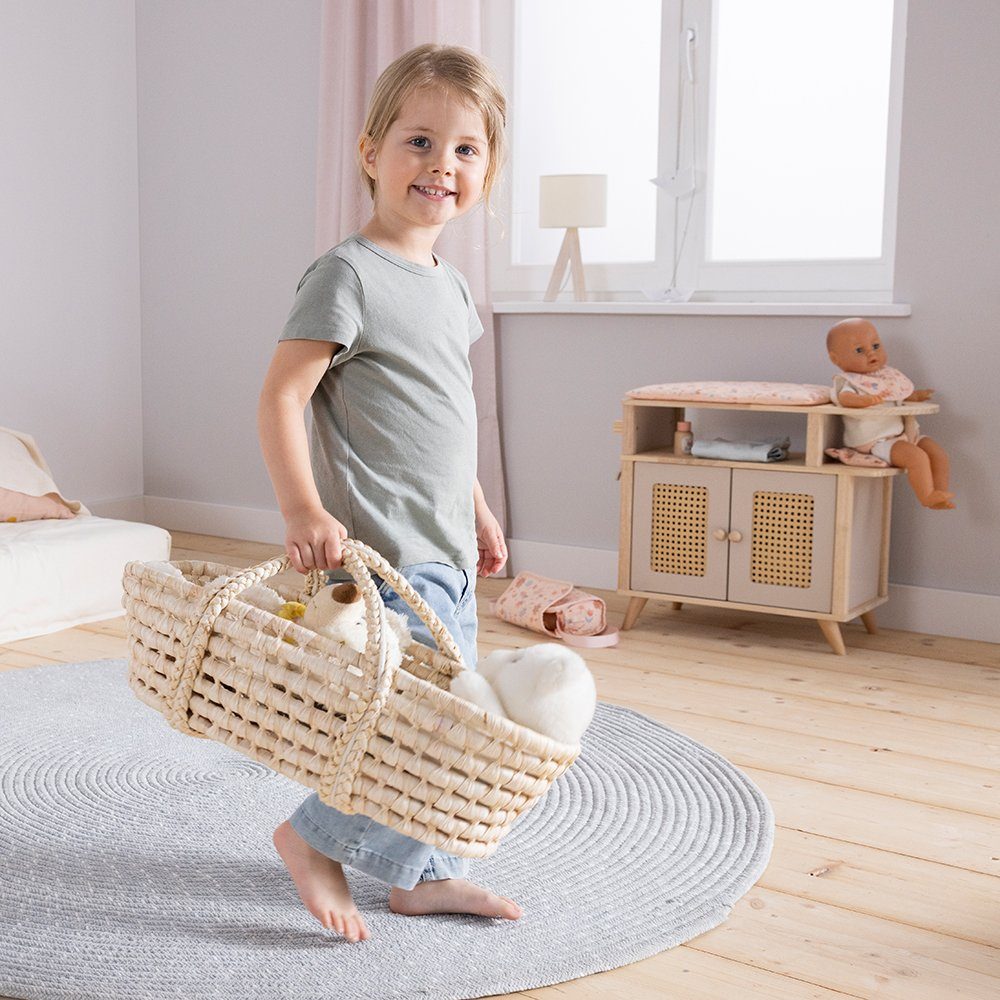 howa Puppen Tragetasche miniflowers, Puppentragekorb aus Seegras inkl. Matratze für Puppen bis 50 cm