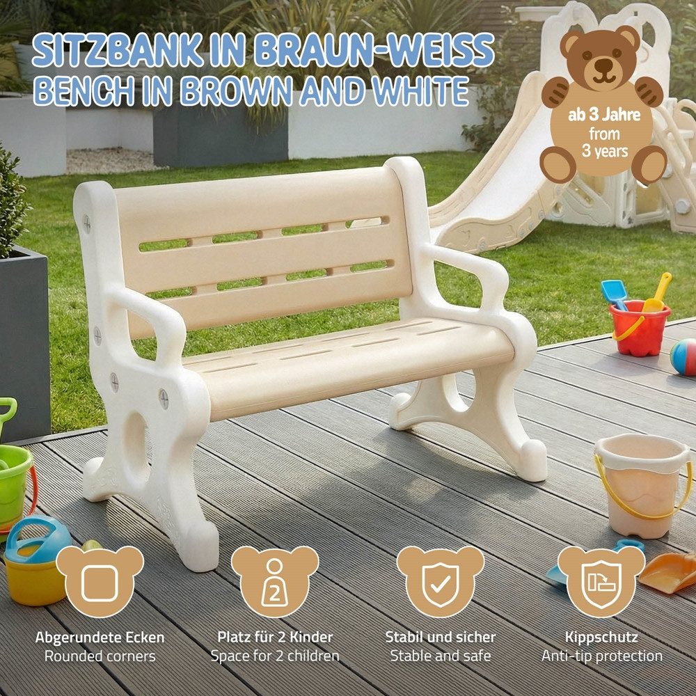 Joyz Kinderstuhl Kindersitzbank Outdoor aus Kunststoff, Sitzbank für Kinder ab 3 Jahre, Kleine Bank Braun-Weiß Kinderbank wetterfest mit Armlehnen Kippschutz