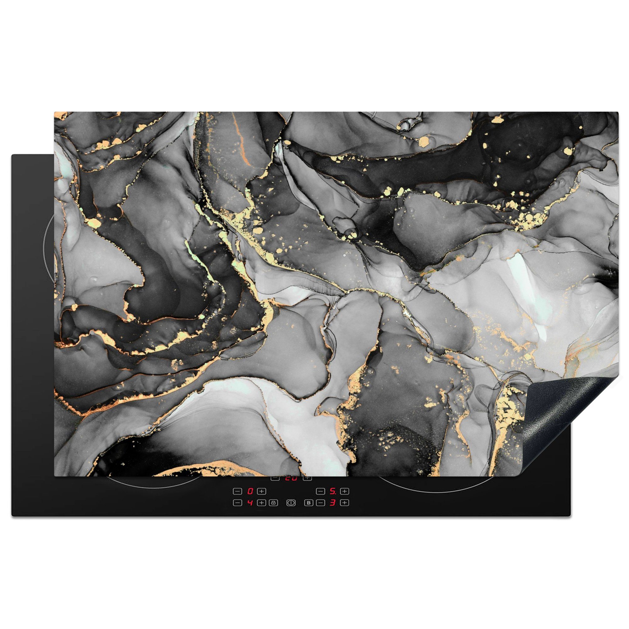 MuchoWow Herdblende-/Abdeckplatte Marmor - Schwarz - Gold - Grau, Vinyl, (1 tlg), 81x52 cm, Induktionskochfeld Schutz für die küche, Ceranfeldabdeckung