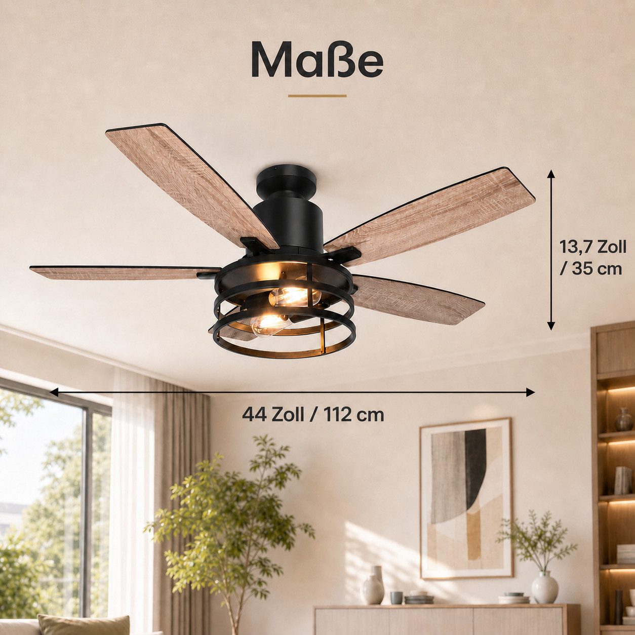 Jibenhome Deckenventilator Leise Deckenlampe Ventilator mit Fernbedienung, 112/132CM, 6 stufiger & 1/2/4H Timer,warmweiß,mit Fernbedienung & 2 Glühbirnen
