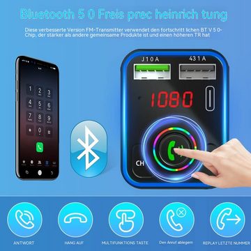 Hikity Zigarettenanzünder-Verteiler Bluetooth 5.0 Auto-FM-Transmitter, zwei USB und Typ-C Schnellaufladung (7-Farben-Ambiente-Licht), Freisprecheinrichtung und MP3-Player