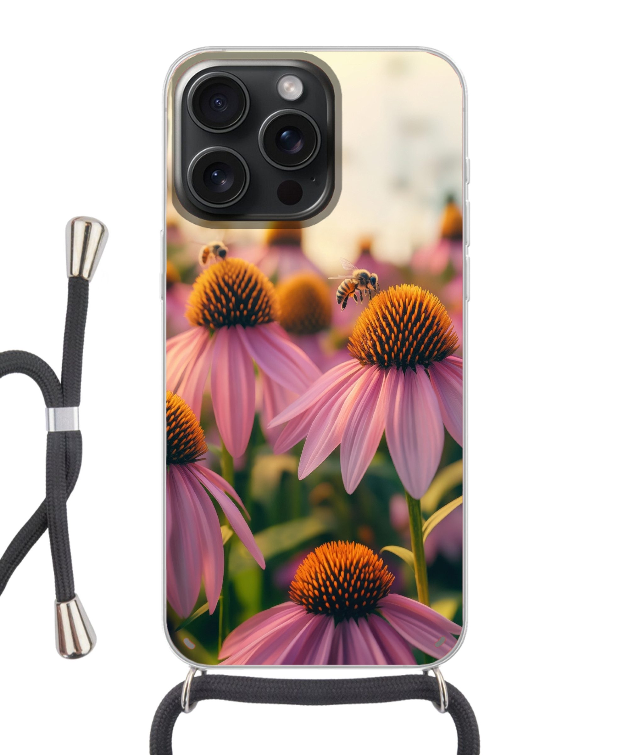 MuchoWow Handyhülle für Apple iPhone 15 Pro Max Blumen - Lila - Bienen, Tragbare Handyhüllen mit Kette zum umhängen, Handykette Handyband