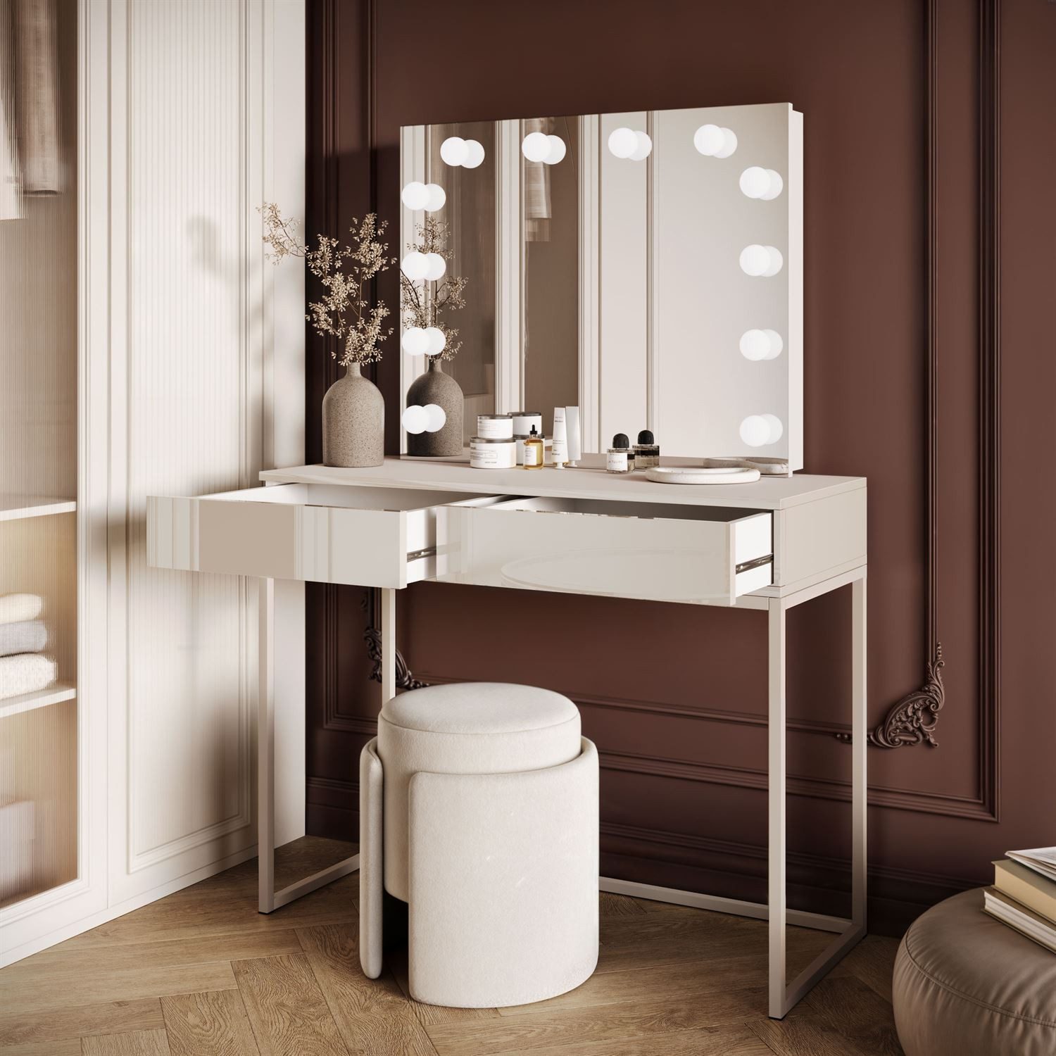Lookway Schminktisch BLANCO KASCHMIR ELITE auf kaschmirfarbenem Gestell (1x Konsole, 1x Spiegel mit Led Beleuchtung), Breite: 100 cm