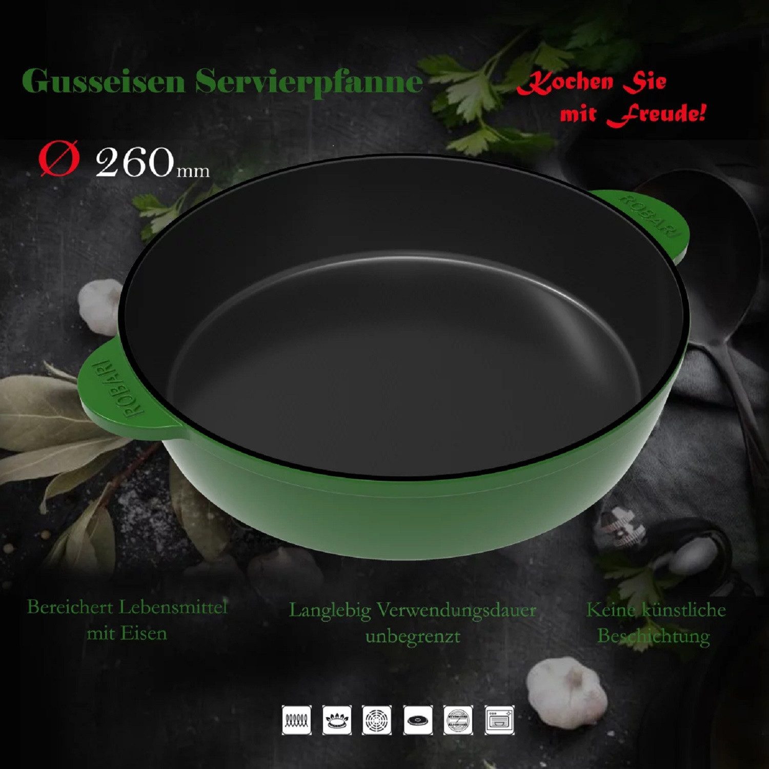 ROBARI Grillpfanne ROBARI Schmorpfanne Servierpfanne aus Gusseisen 26 cm Emailliert grün