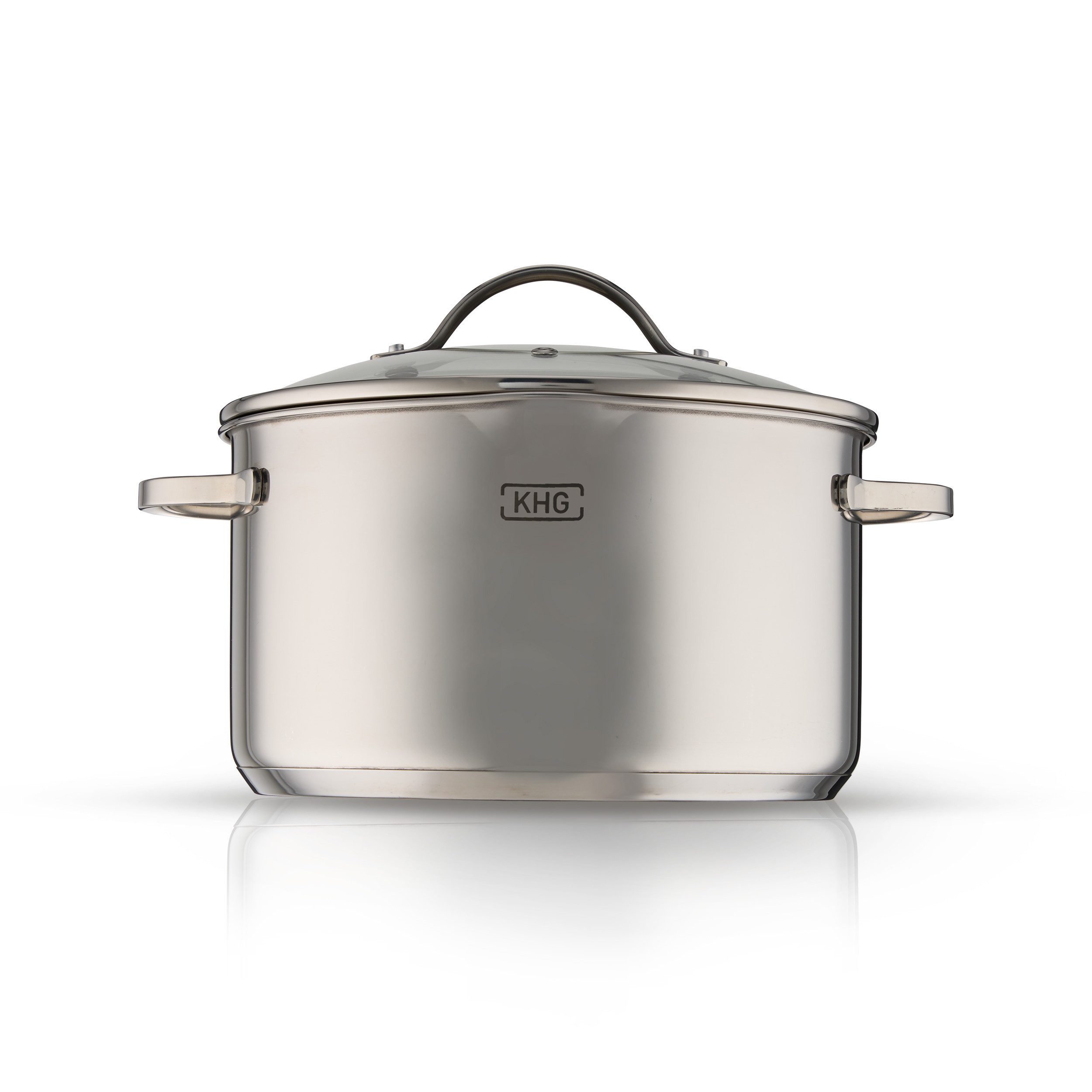 KHG Kochtopf Fleischtopf Ø 24 cm, integriertes Sieb, Ausguss, Innenskala, Edelstahl, 4 Liter Volumen, Glasdeckel, für alle Herdarten inklusive Induktion