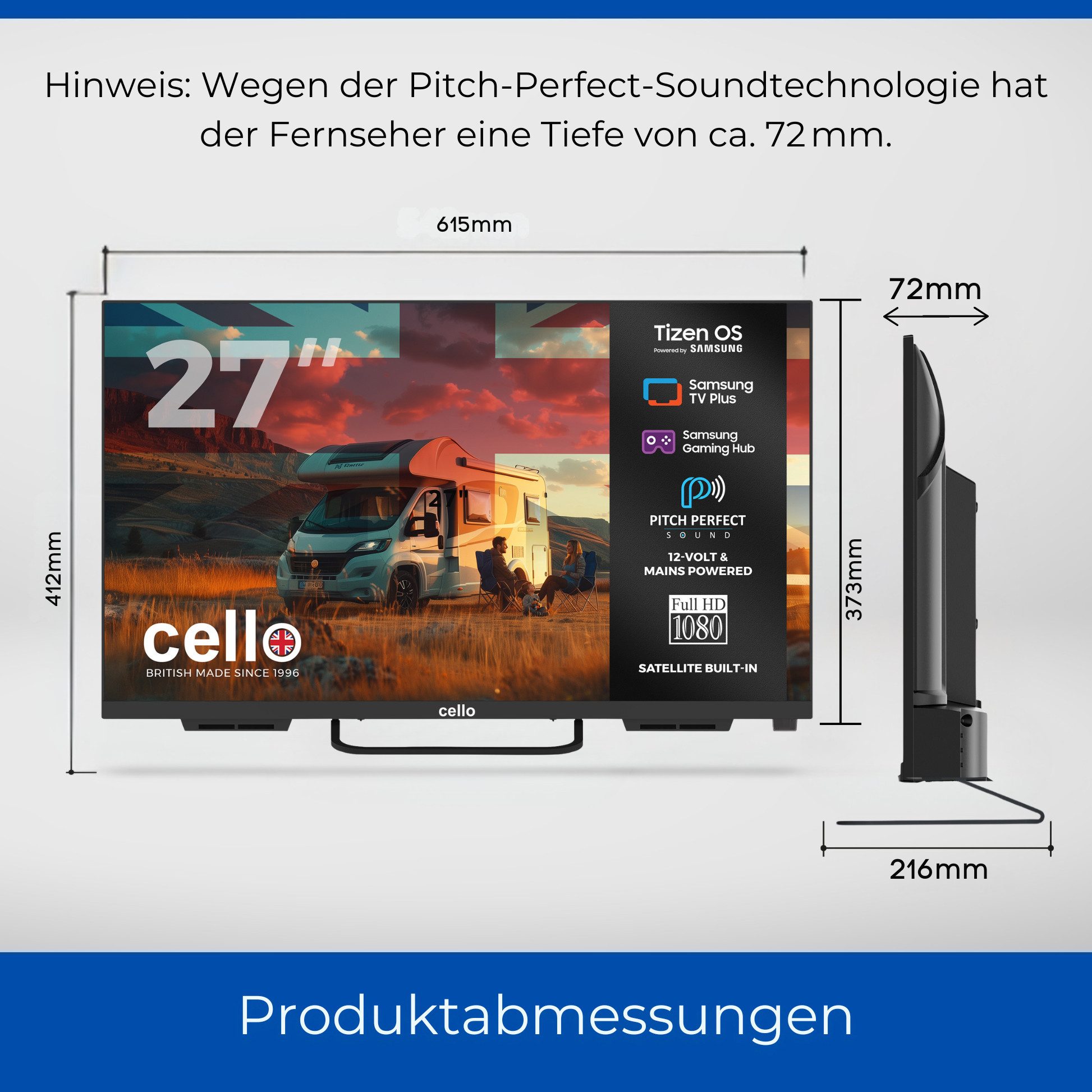 Cello 27 Zoll Camping 12V Smart Tizen OS Traveller mit DVD-Player LED-Fernseher (68,5 cm/27 Zoll, Full HD, Smart-TV, WLAN, LAN, Streaming-Apps, Pitch Perfect Sound, DVD-Player, Triple Tuner, Smart Tizen OS)