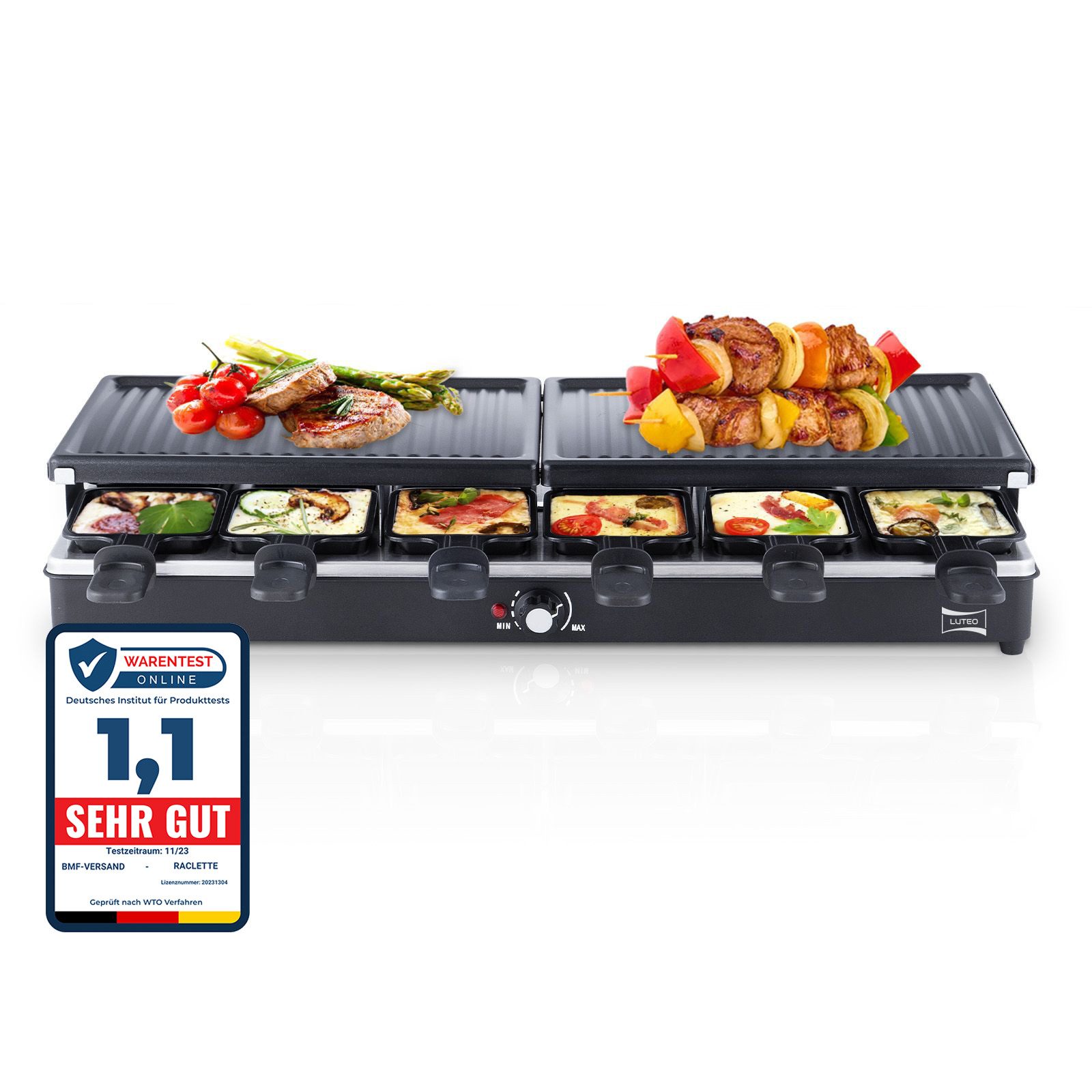 LUTEO Raclette Raclette 12 Personen Grill Set Tischgrill Elektrogrill Pfännchen, 12 Raclettepfännchen, 1350,00 W, Einfache Reinigung, Einstellbarer Thermostat, Umfangreiches Zubehör