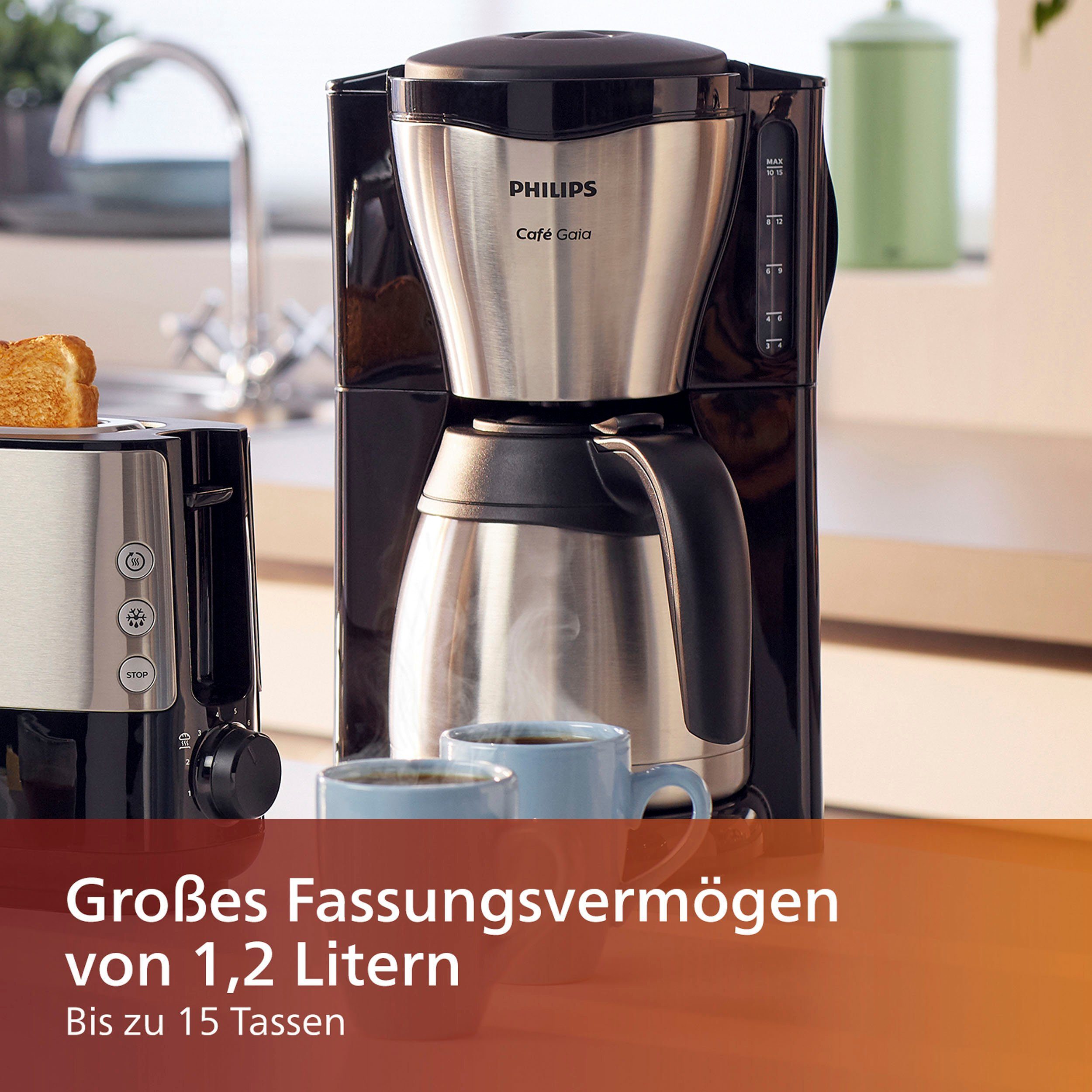 Philips Filterkaffeemaschine Gaia HD7546/20 Viva Collection, 1,2l Kaffeekanne, Papierfilter 1x4, mit Thermokanne, Tropfstopp und Abschaltfunktion, silber – Bild 4 von 5