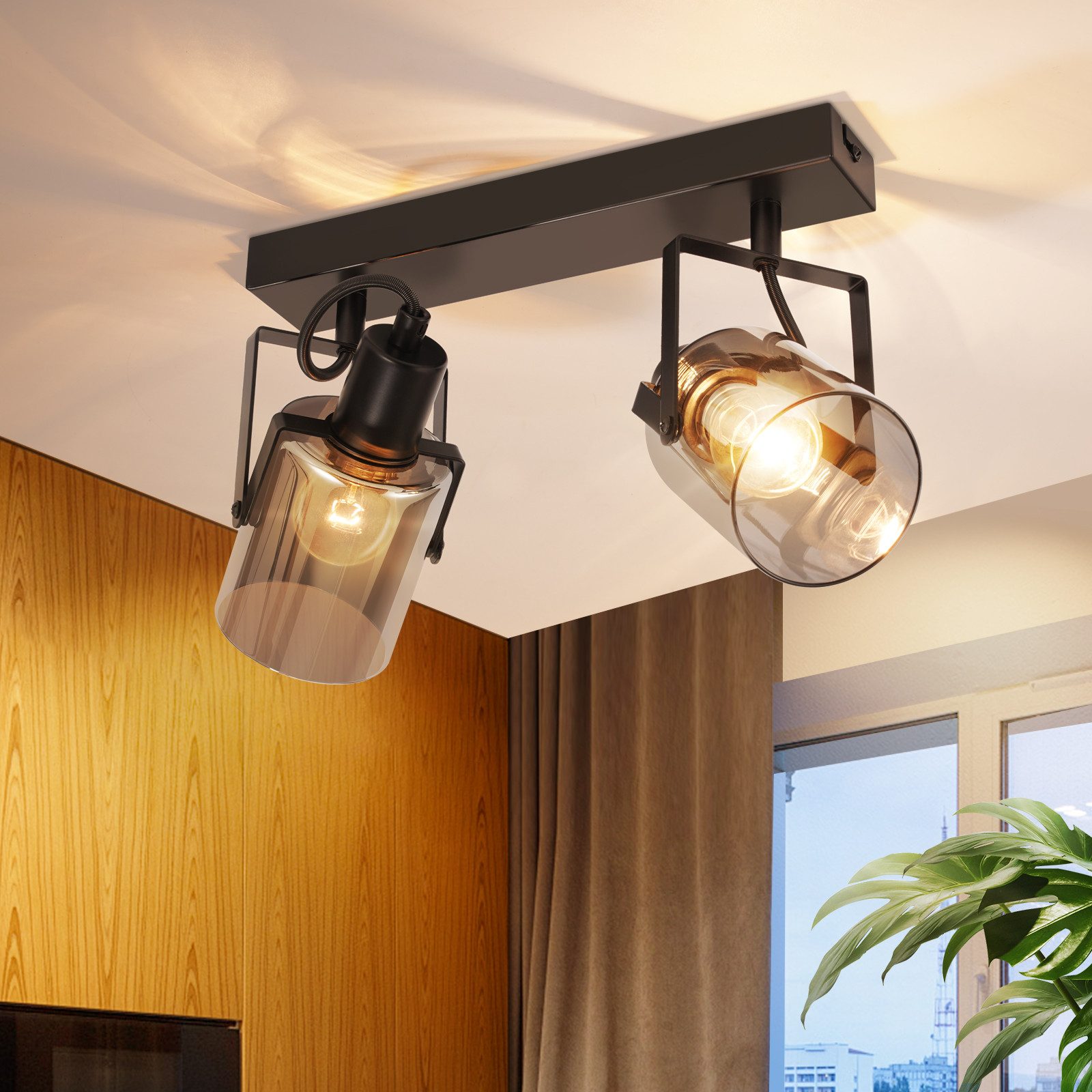 ZMH LED Deckenleuchte Wohnzimmer Schwarz-Rauchgrau Glas Deckenlampe E14 Schwenkbar 350°, Austauschbare Lichtquelle, ohne Leuchtmittel