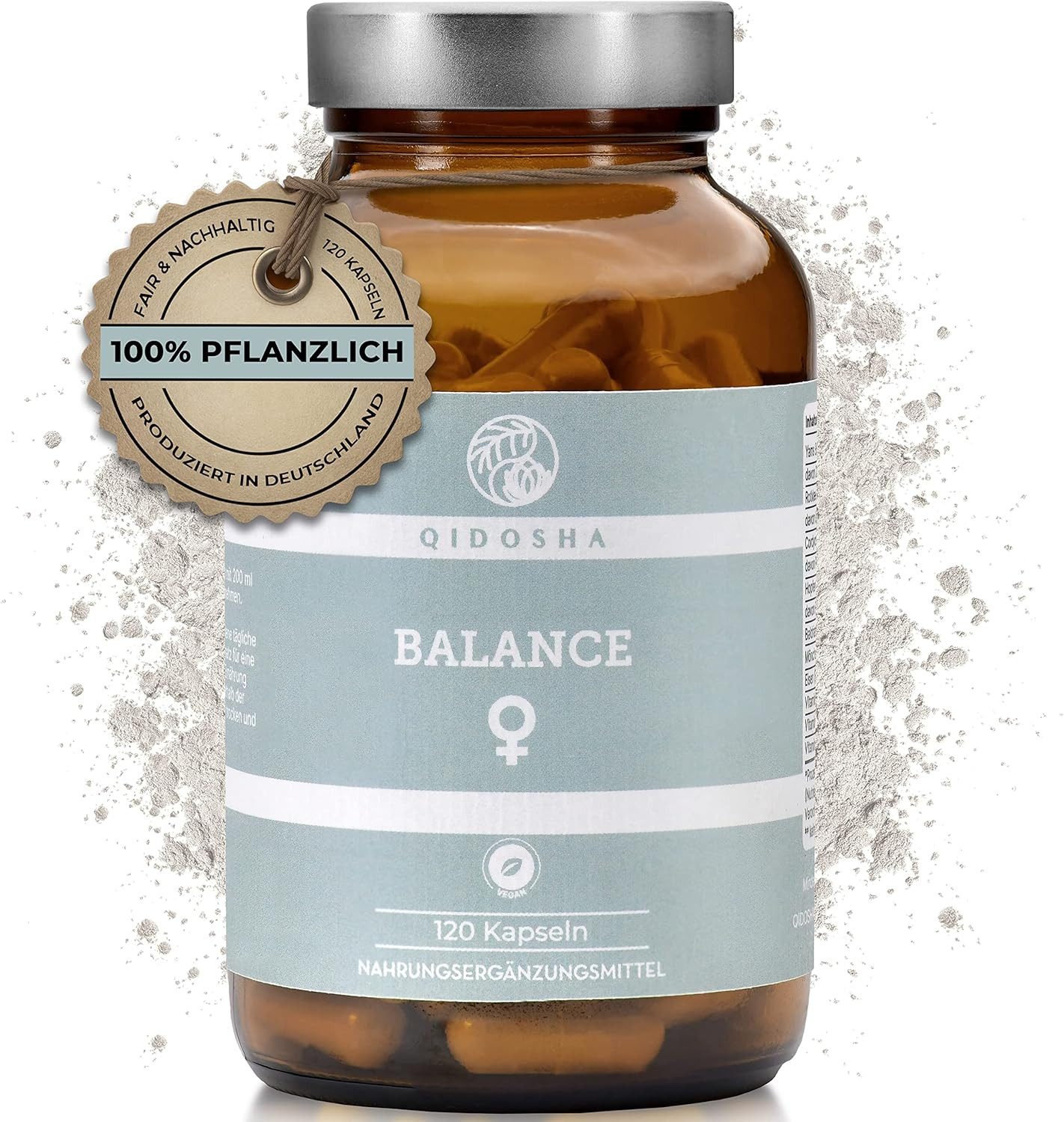 QIDOSHA BALANCE Wechseljahre-Komplex pflanzlich - Kapseln, im Glas, Wechseljahre Kapseln mit Yams, Rotklee, Cordyceps, Hopfen, Baldrian, Mönchspfeffer, Eisen & B-Vitaminen, Meno Balance, deutsche Fertigung à 120 St., 94.8 g, Vegan, Made in Germany, Laborgeprüft