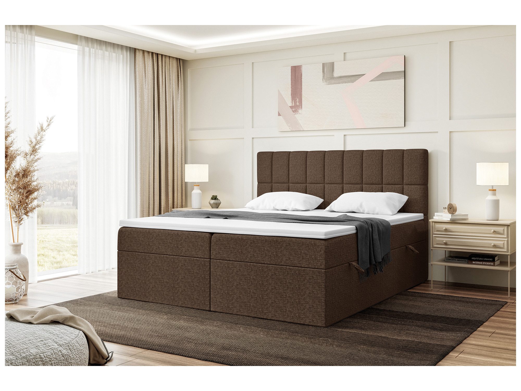 Meblini Boxspringbett mit Bettkasten, LUKAS 180x200 cm, H3/Braun Webstoff