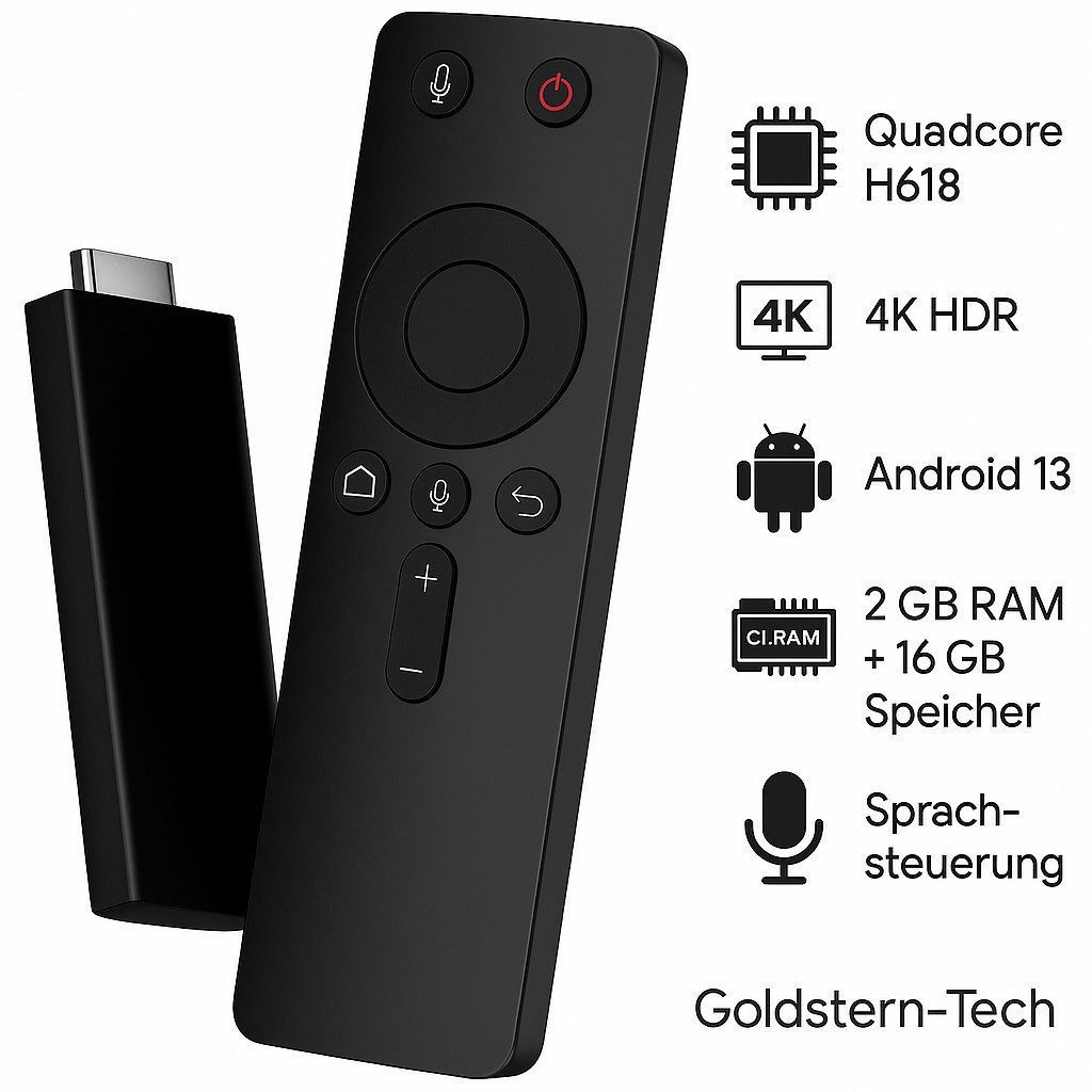 Goldstern-Tech Streaming-Stick, (HDMI Stick, 4K HDR Streaming), Android 13, starker Quadcore & einfache Sprachsteuerung