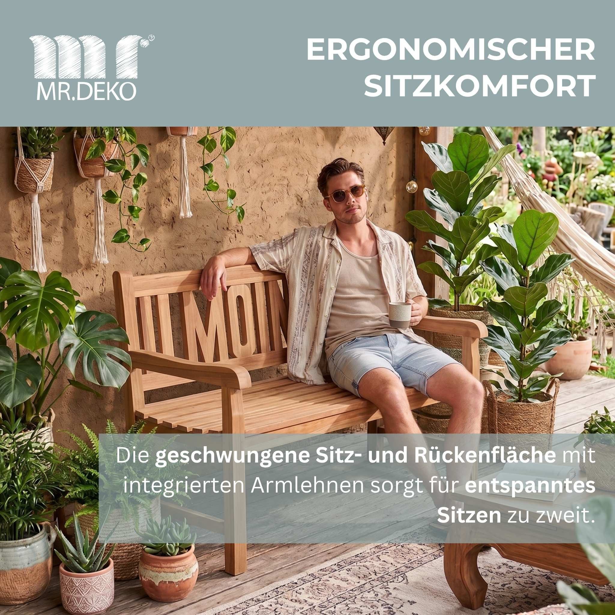 MR.DEKO Gartenbank Teak MOIN 120 cm – norddeutsch, einladend & wetterfest (2-Sitzer Bank, zerlegt geliefert, ideal für Terrasse, 1-St), Massive Sitzbank Garten  – Bild 4 von 5