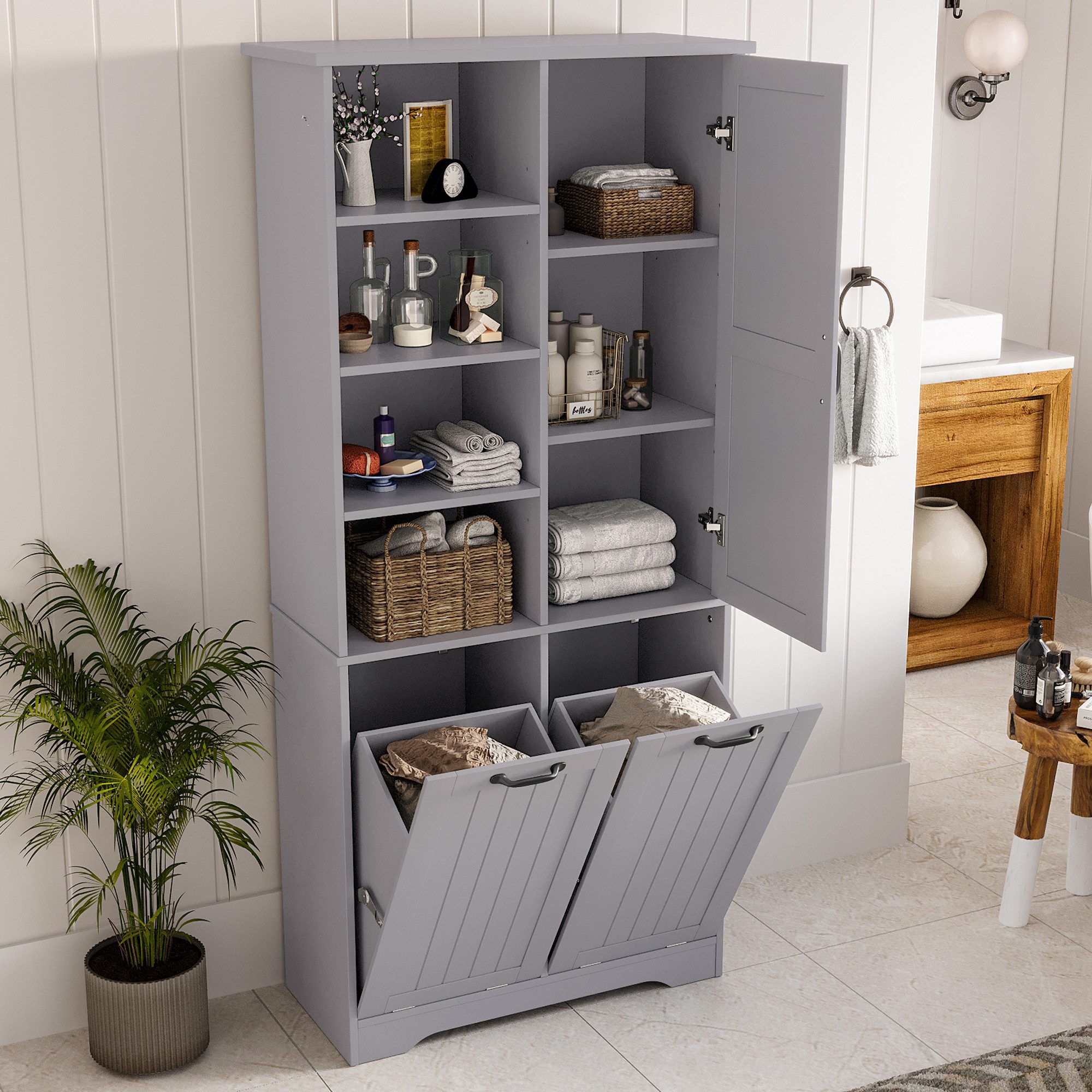 Flieks Badkommode Hochschrank mit doppelter Wäschekorb, 7 Fächern (B78/T35/H172,7 cm, 1 St., mit verstellbaren Einlegeböden und 2 Klappen), Badezimmerschrank feuchtigkeitsbeständiger Holzschrank aus MDF Grau
