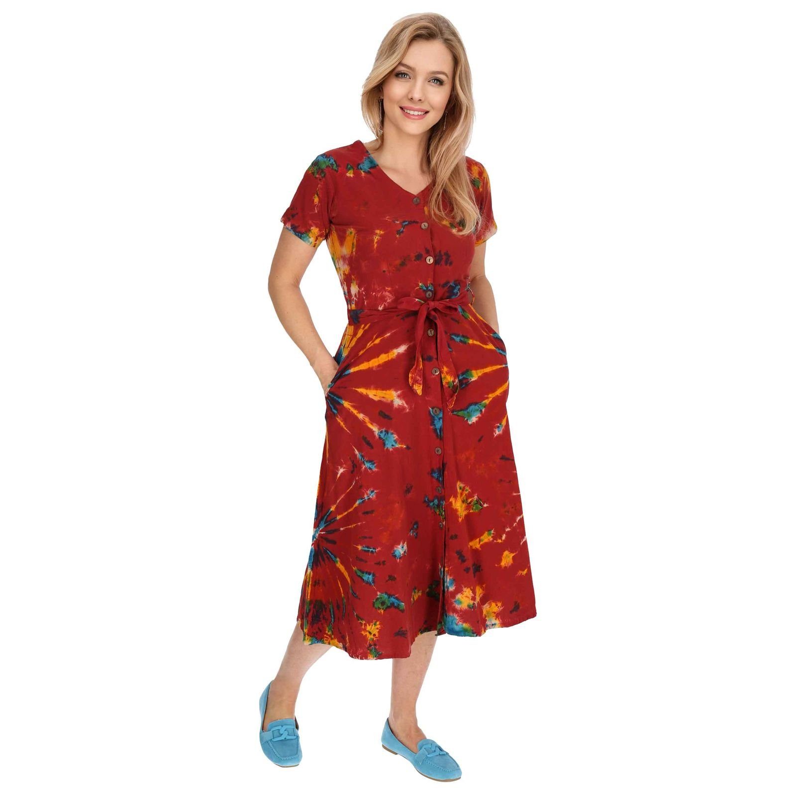UND Ibiza Sommerkleid MAGIE Batik Tie Dye Baumwoll Rot Kleid Latzhose Hippie KUNST Kleid Boho