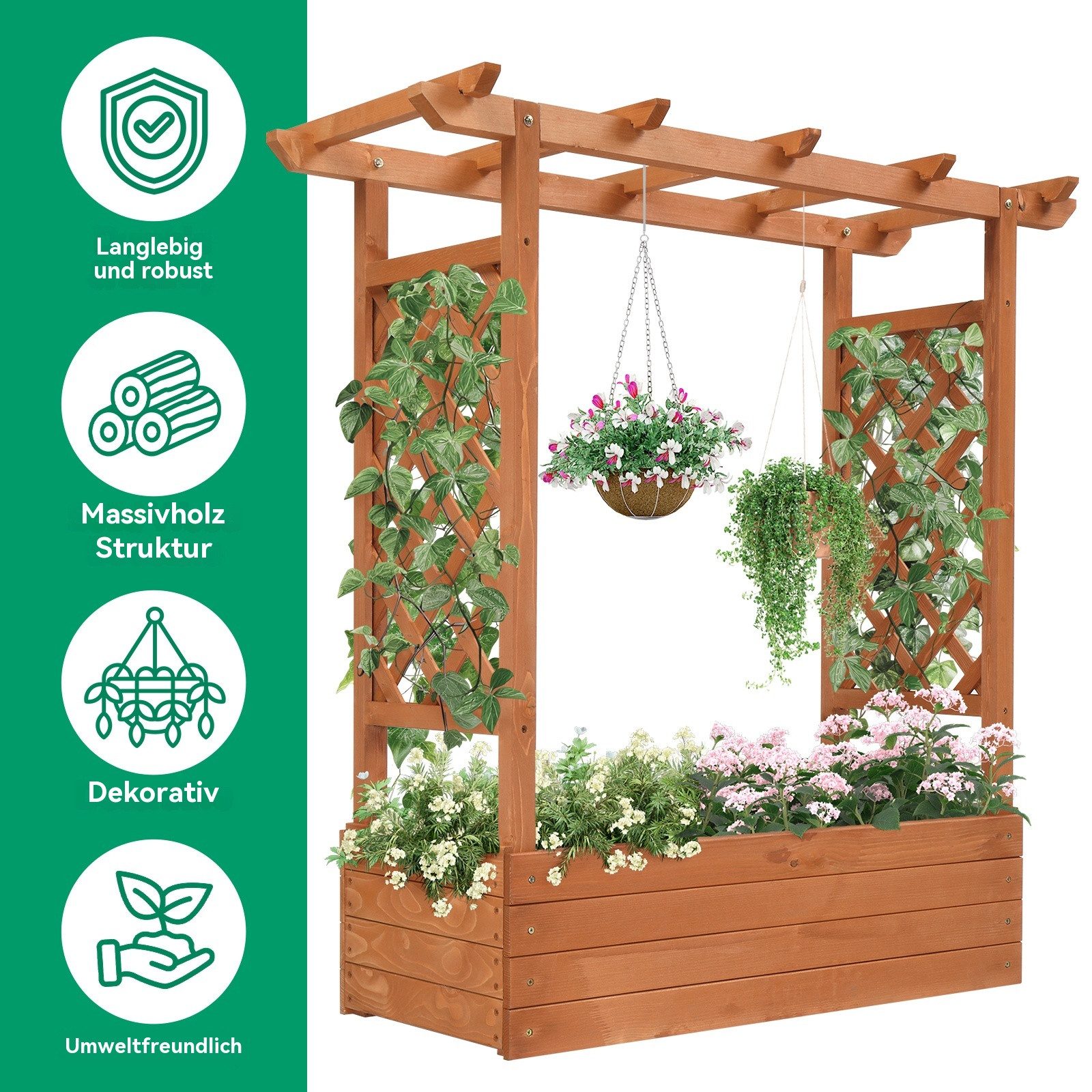 LALAHO Hochbeet Blumenkasten mit Rankhilfe Ablauflöchern, hängendes Dach, für Garten, Balkon, Terrasse, 110 x 45 x 113 cm – Bild 5 von 5