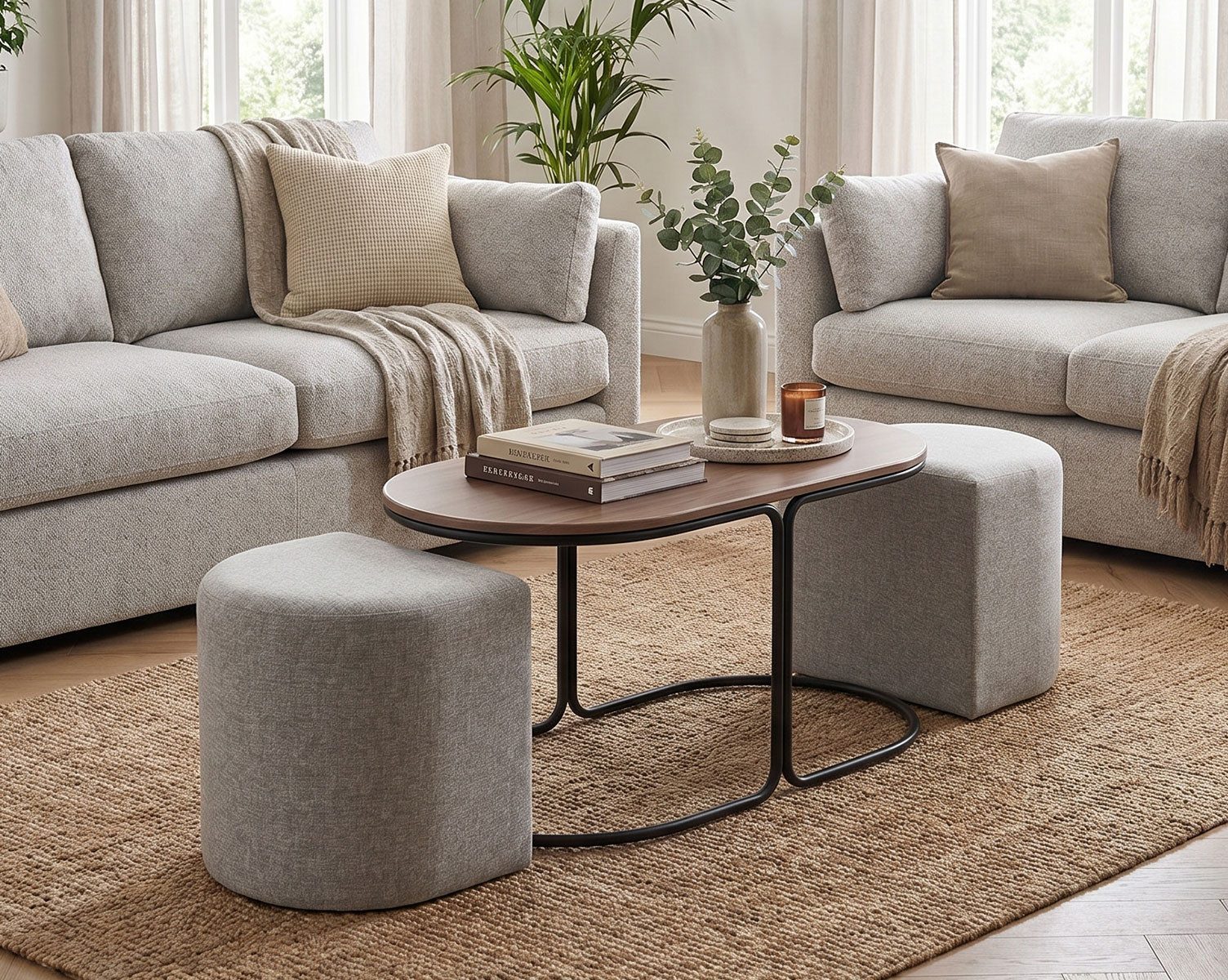 Feldmann-Wohnen Couchtisch Pampa (ovale Tischplatte 88x43 cm, 1-St., moderner Optik, mit abgerundeten Ecken, Gestell aus Metall), 88x43x49cm Nussbaum / schwarz / aschgrau mit 2 Hocker