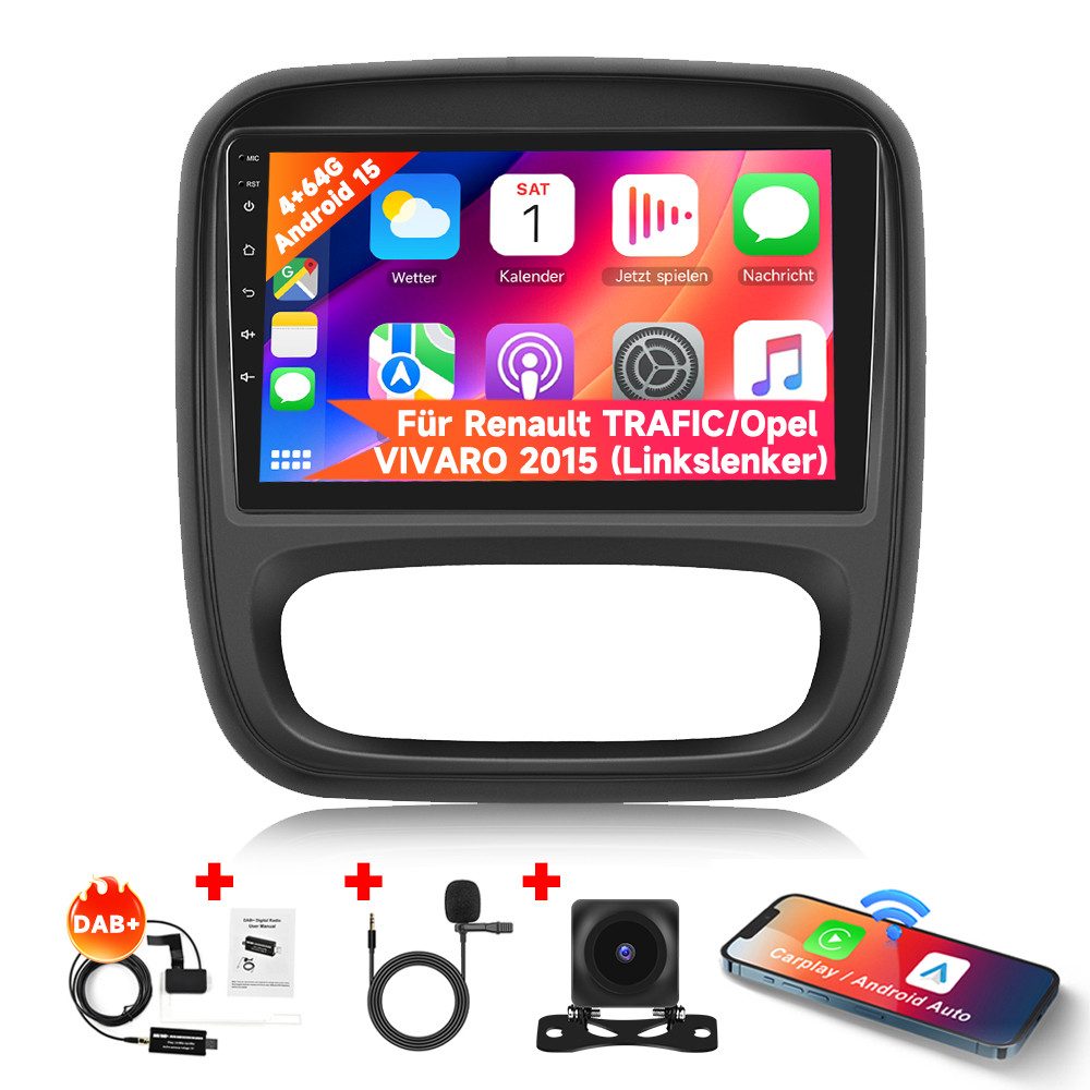 Hikity Autoradio 9" Android 15 Für Renault TRAFIC/Opel VIVARO 2015 Autoradio (DAB(optional), GPS Bluetooth Spiegel-Link Drahtloses Carplay/Android Auto)