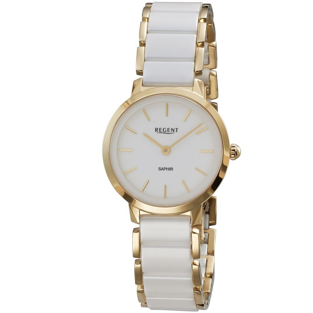 Regent Quarzuhr REGENT Damen Armbanduhr F1626 weiß D. 30 mm Stahl- / Keramikband