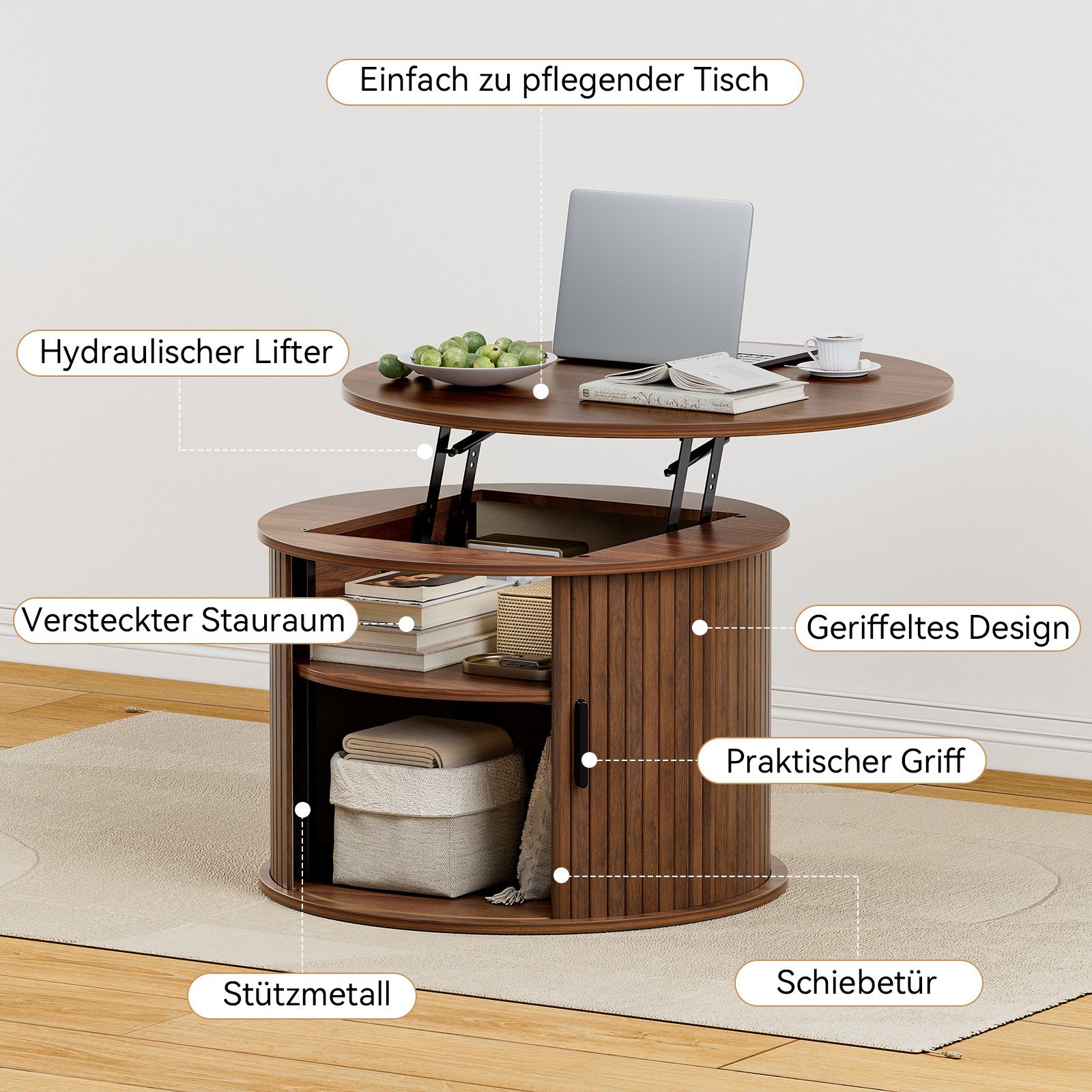 FABATO Couchtisch Runder Couchtisch mit Lift-Funktion & gewelltem Holzdekor (1-St., mit verstecktem Stauraum, offenem Regal), drehbarer Schiebetür als kleiner E – Bild 5 von 5