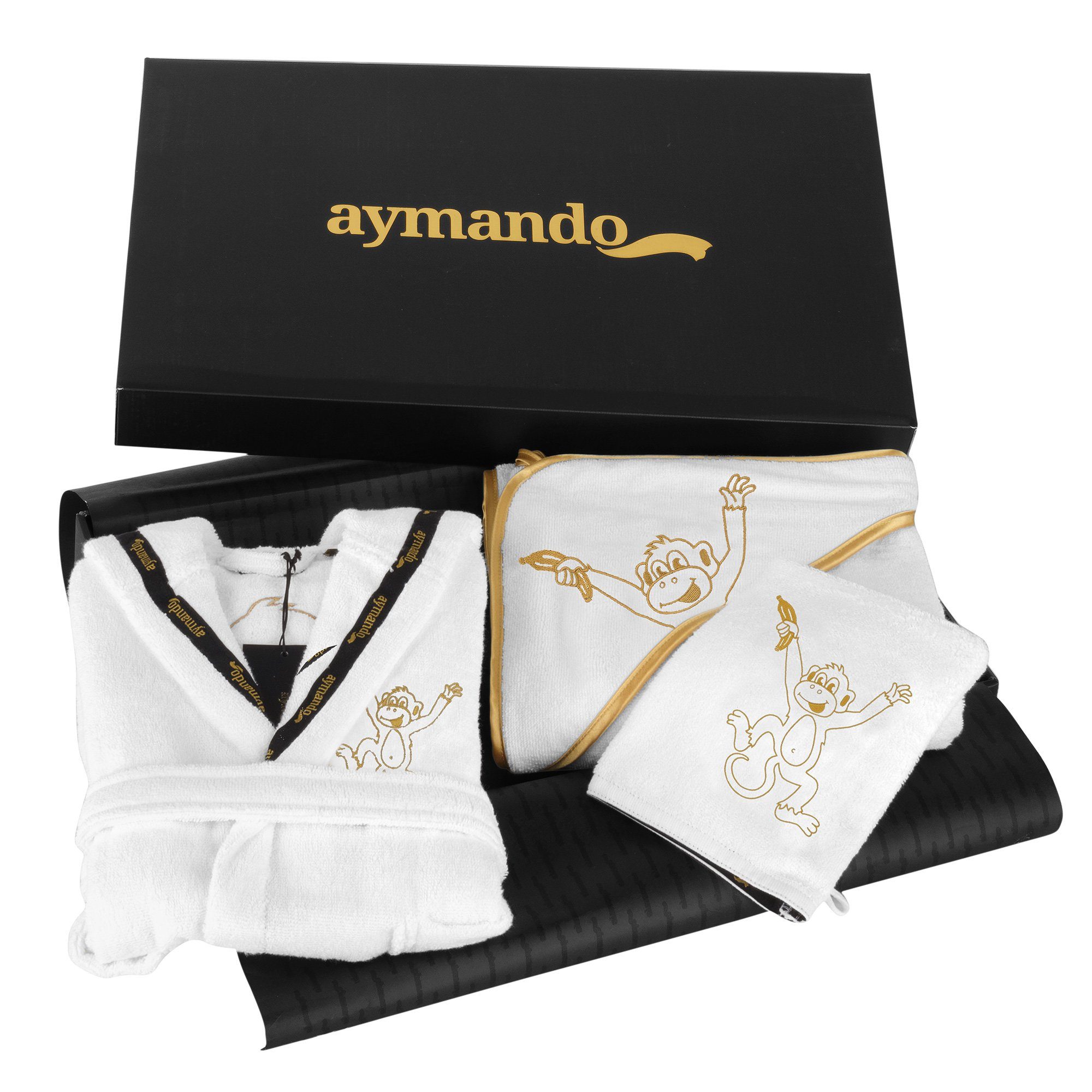 Aymando Babybademantel gestickte Weiß-Gold gold Twist Garn Tiermotive, Wellness Set 100% Kapuzenhandtuch Affe, Baumwolle, Zero Waschlappen