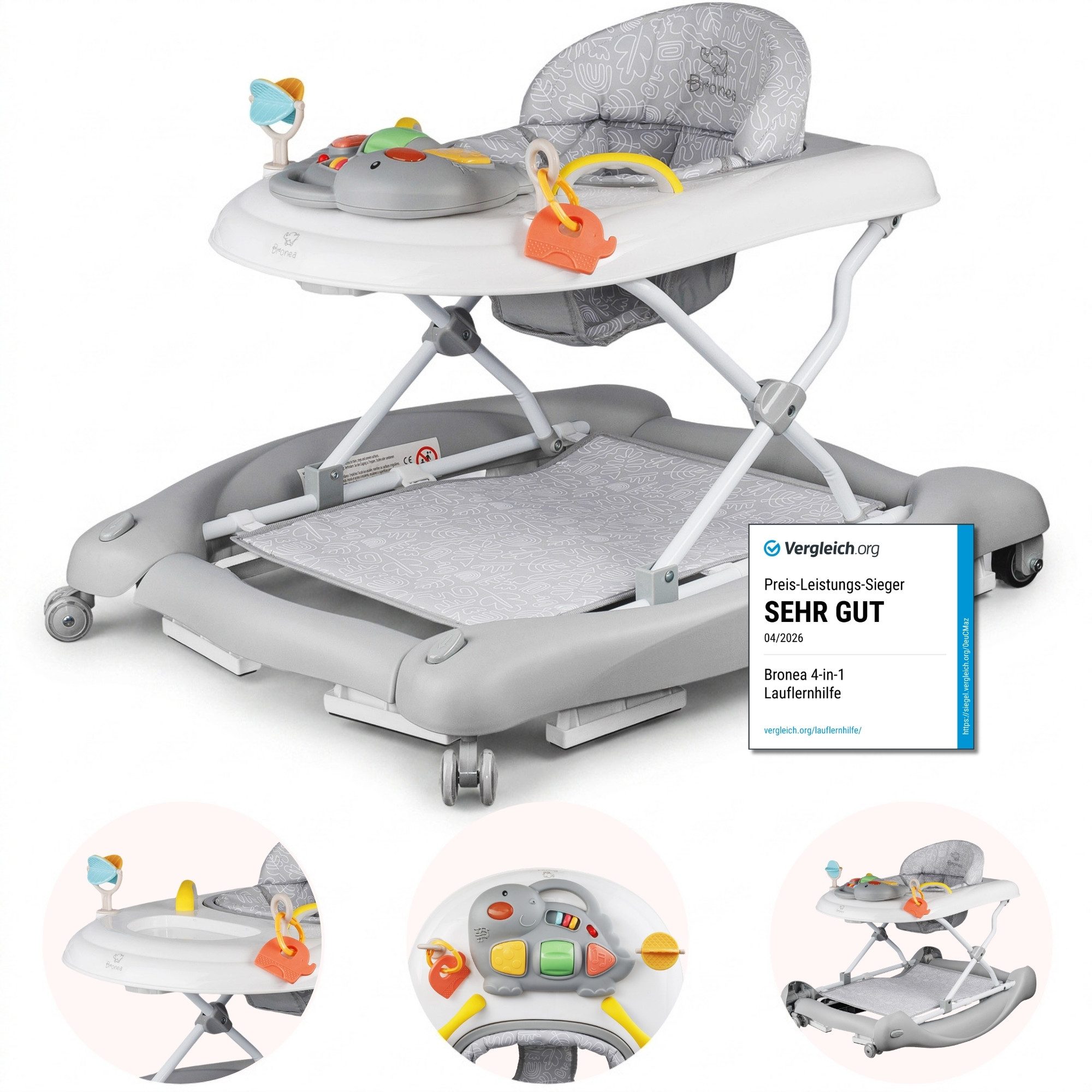 Bronea Lauflernhilfe Happy Life 5-in-1 Babywalker Gehfrei Lauflernwagen Schaukel Wippe, Ausnehmbaren Sitz, Im nu zum Schaukel, Widerstand Reifen einstellbar