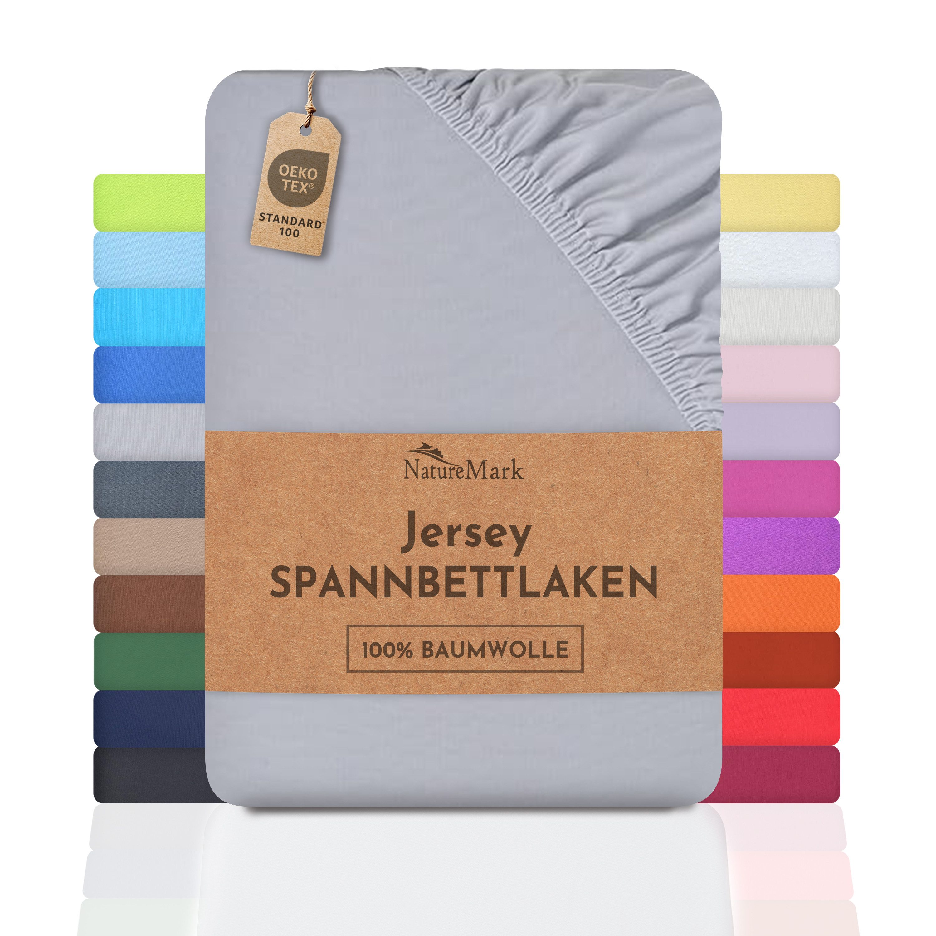 NatureMark Натяжные простыни Jersey Basic Spannbetttuch, 100% Baumwolle, Gummizug: rundum, (1 Stück), in vielen Größen und Farben, bis 25cm Steghöhe, 90x200cm, Silber