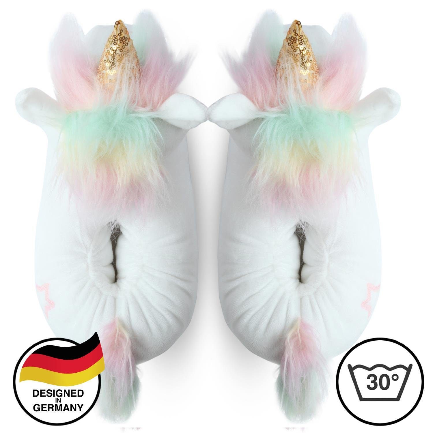 Corimori Tier Pantoffeln für Kinder Hausschuhe Hund, Faultier, uvm (weiß) das Einhorn, Hase, Pinguin Koala, 25-33,5 cm "Mia" Einheitsgröße Plüsch Einhorn Drache, Fuchs