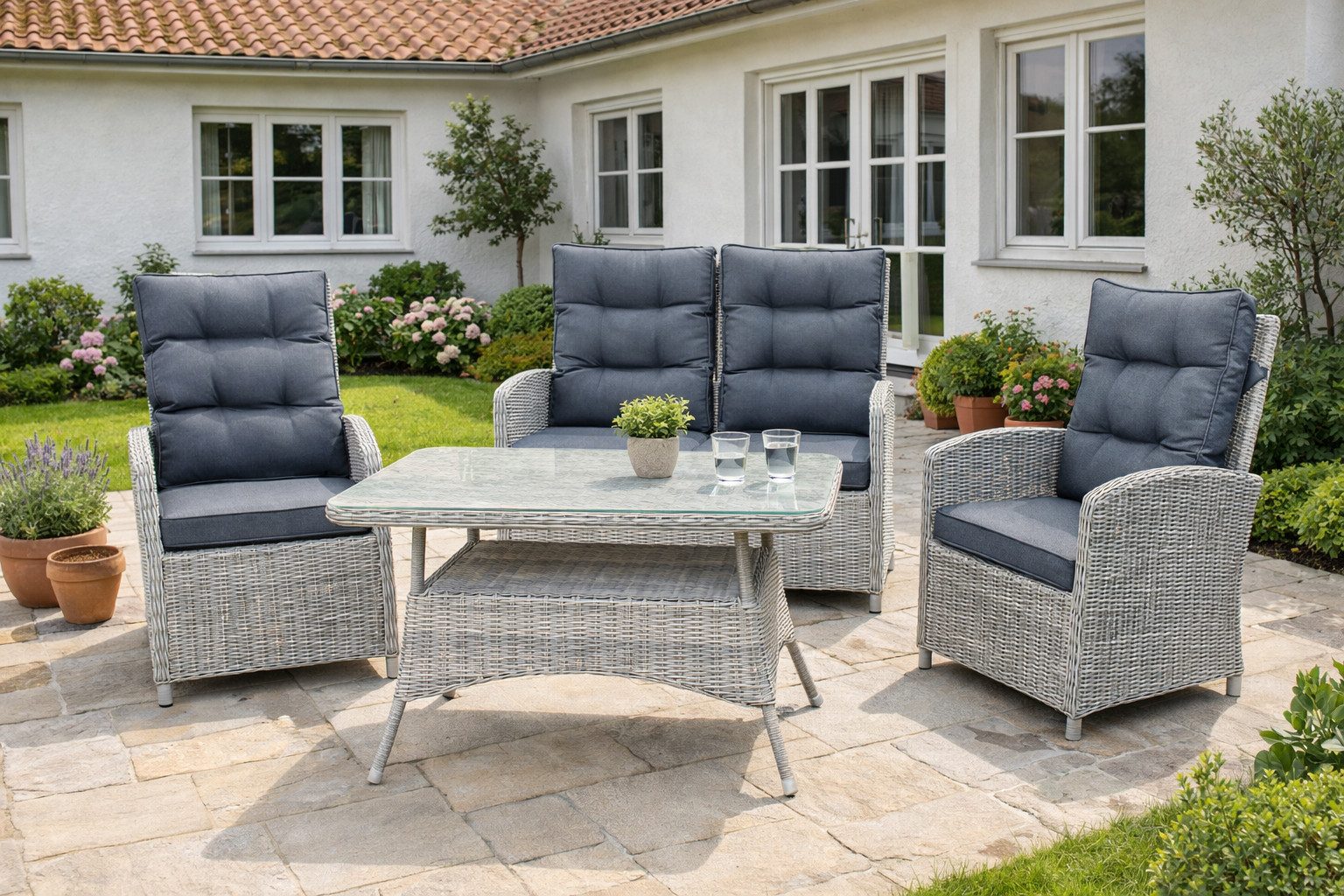 Green Spirit Loungeset »Monte Carlo« Gartenmöbel Set Rattan Garnitur Outdoor Gruppe Essgruppe, (Set, 4-tlg., für 4 Personen), grau, Polyrattan, für 4 Personen, wetterfest - Garten, Terrasse