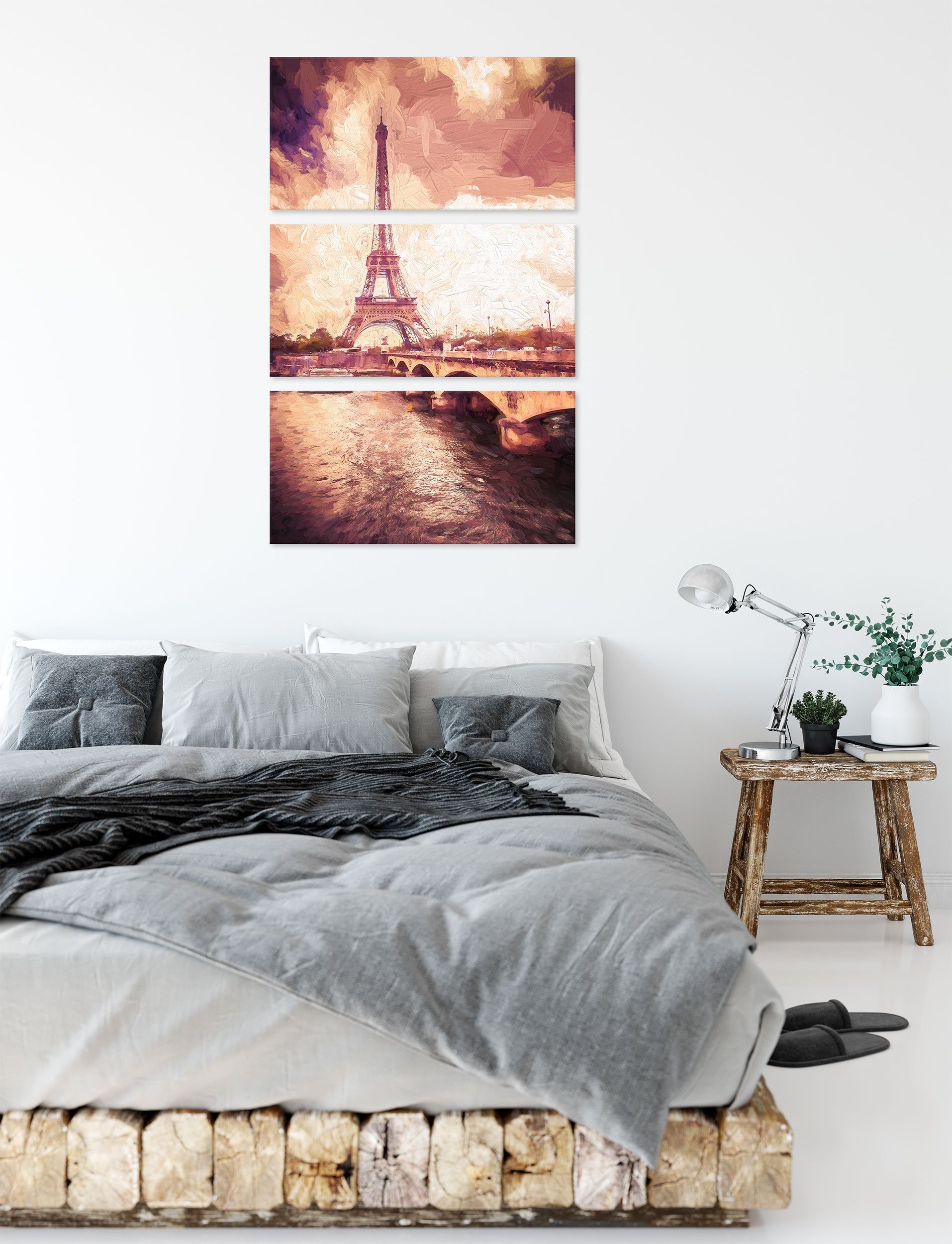 Kunst, fertig 3Teiler bespannt, Pixxprint Eiffelturm Paris in Leinwandbild in Paris inkl. (1 Eiffelturm Leinwandbild St), (120x80cm) Zackenaufhänger Kunst