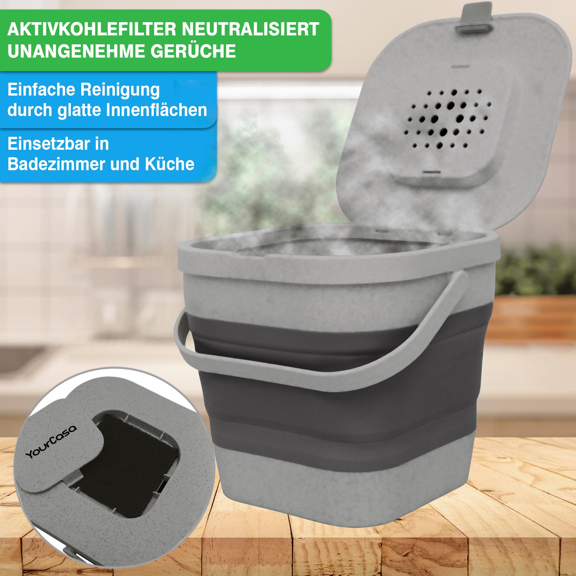 YourCasa Biomülleimer YourCasa® Biomülleimer Küche klein 4L nachhaltig mit Akivkohlefilter, Fassungsvermögen 4L, nachhaltige Materialien – Bild 3 von 5