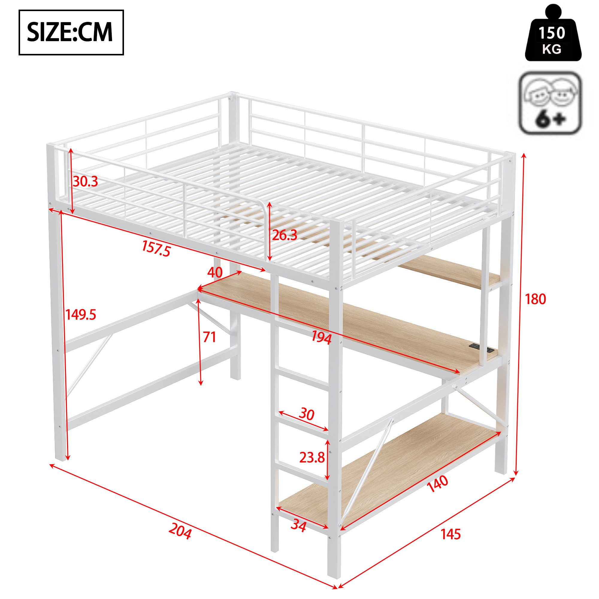 Flieks Hochbett LED Metallbett 140x200cm mit Leiter, Schreibtisch mit Aufla günstig online kaufen