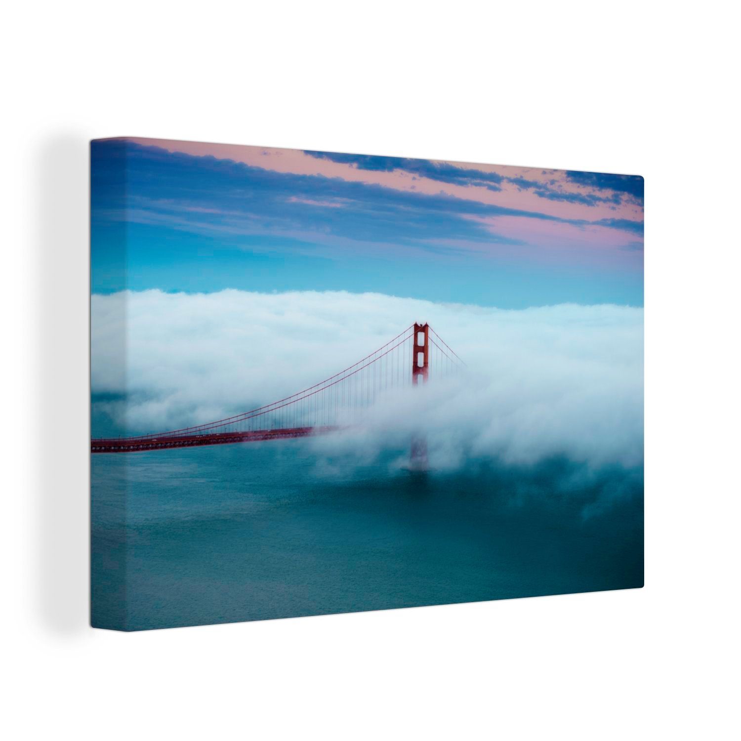 von Golden cm Wandbild Leinwandbilder, OneMillionCanvasses® (1 30x20 St), Gate Bridge Leinwandbild Aufhängefertig, Wanddeko, getroffen, Wolkenvorhang