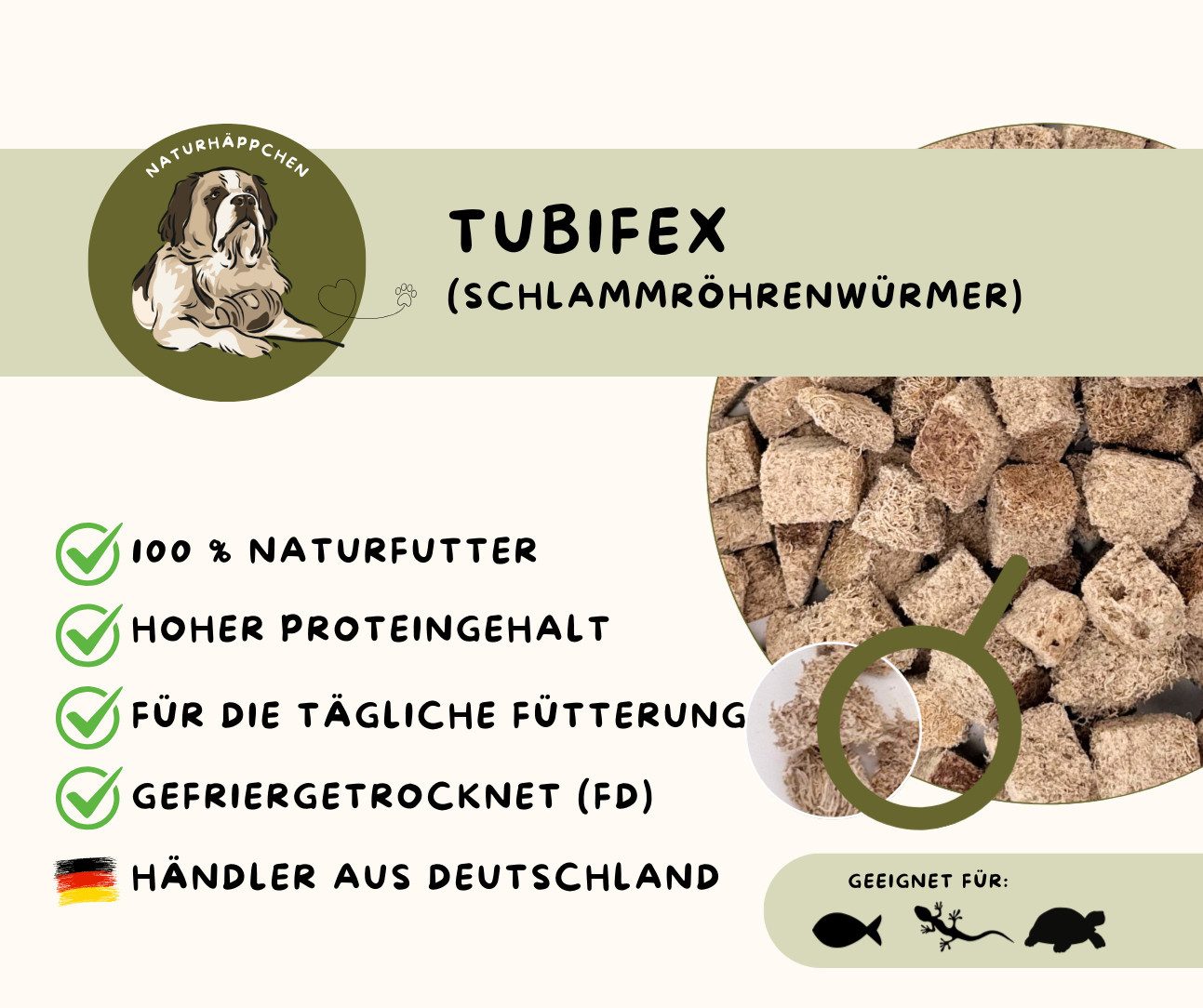 Warnick´s Tierfutterservice Tubifex - gefriergetrocknete Schlammröhrenwürmer im PE-Beutel, Ergänzungsfuttermittel für: Zierfische, Süßwasserfische, Schildkröten, Amphibien, Reptilien