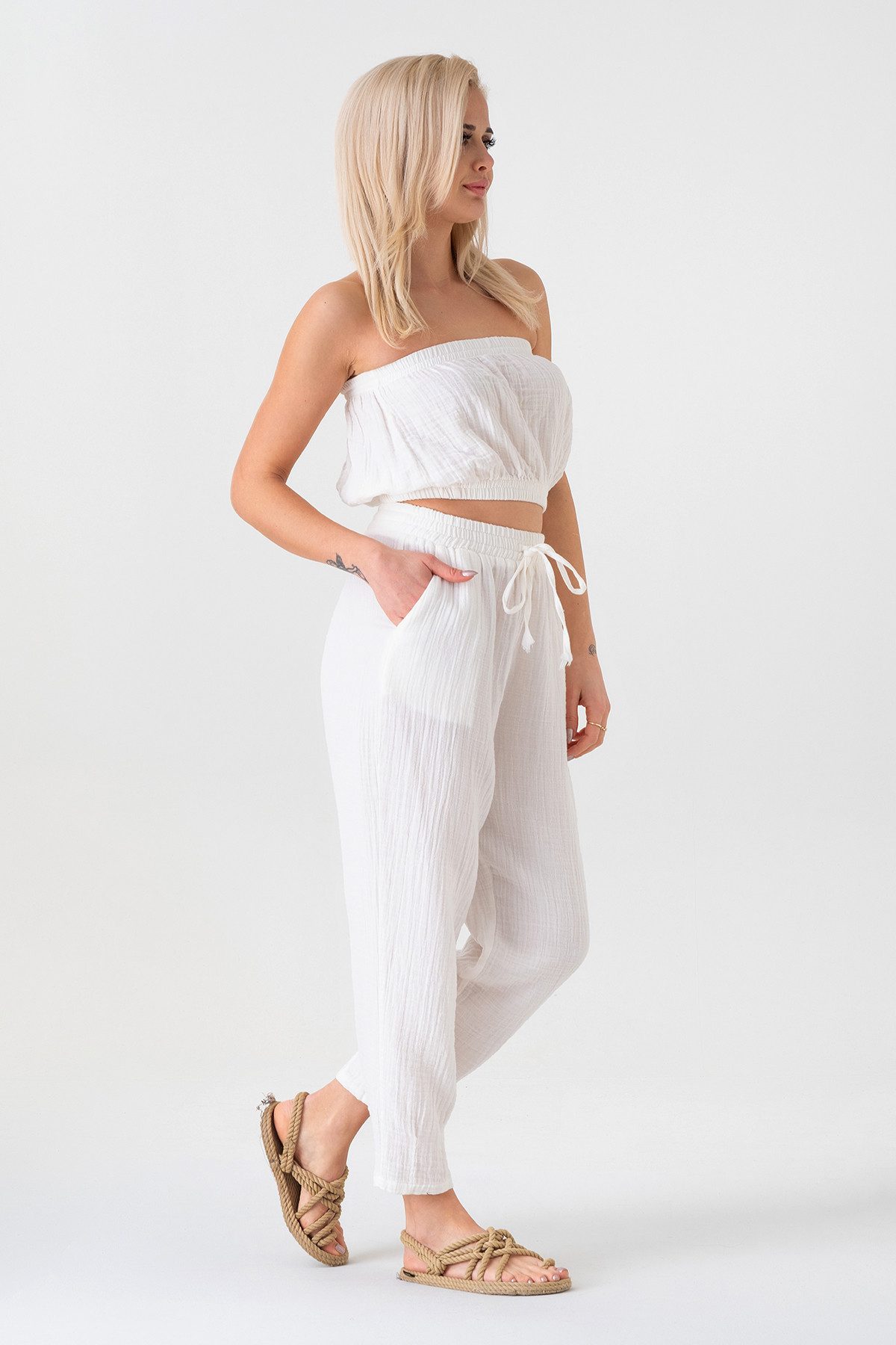 WENOR Crop-Top Trägerloses Musselin-Oberteil mit Gummizug aus 100 % Baumwolle elastische Bündchen oben und unten, minimalistisches Design