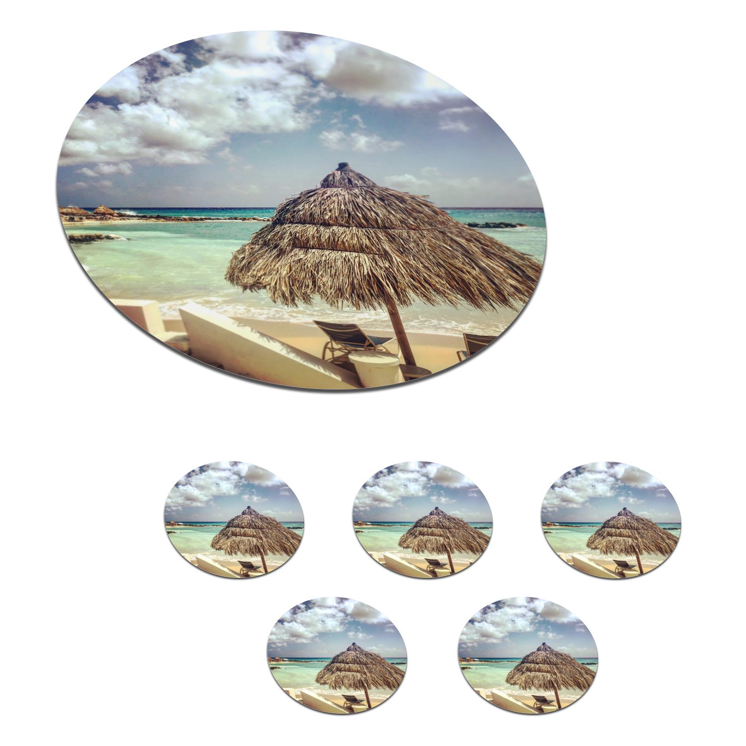MuchoWow Glasuntersetzer Sonnenschirm mit Liegestühlen am Strand von Curacao, Zubehör für Gläser, 6-tlg., Getränkeuntersetzer, Tassenuntersetzer, Korkuntersetzer, Tasse, Becher