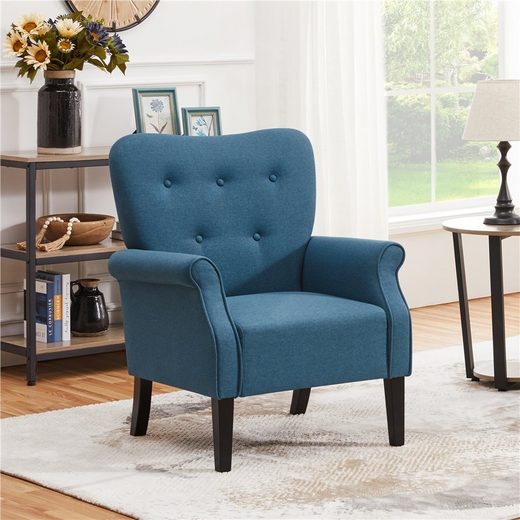 YAHEETECH Ohrensessel, Relaxsessel Loungesessel Cocktailsessel mit Holzbeinen Leinen Blau