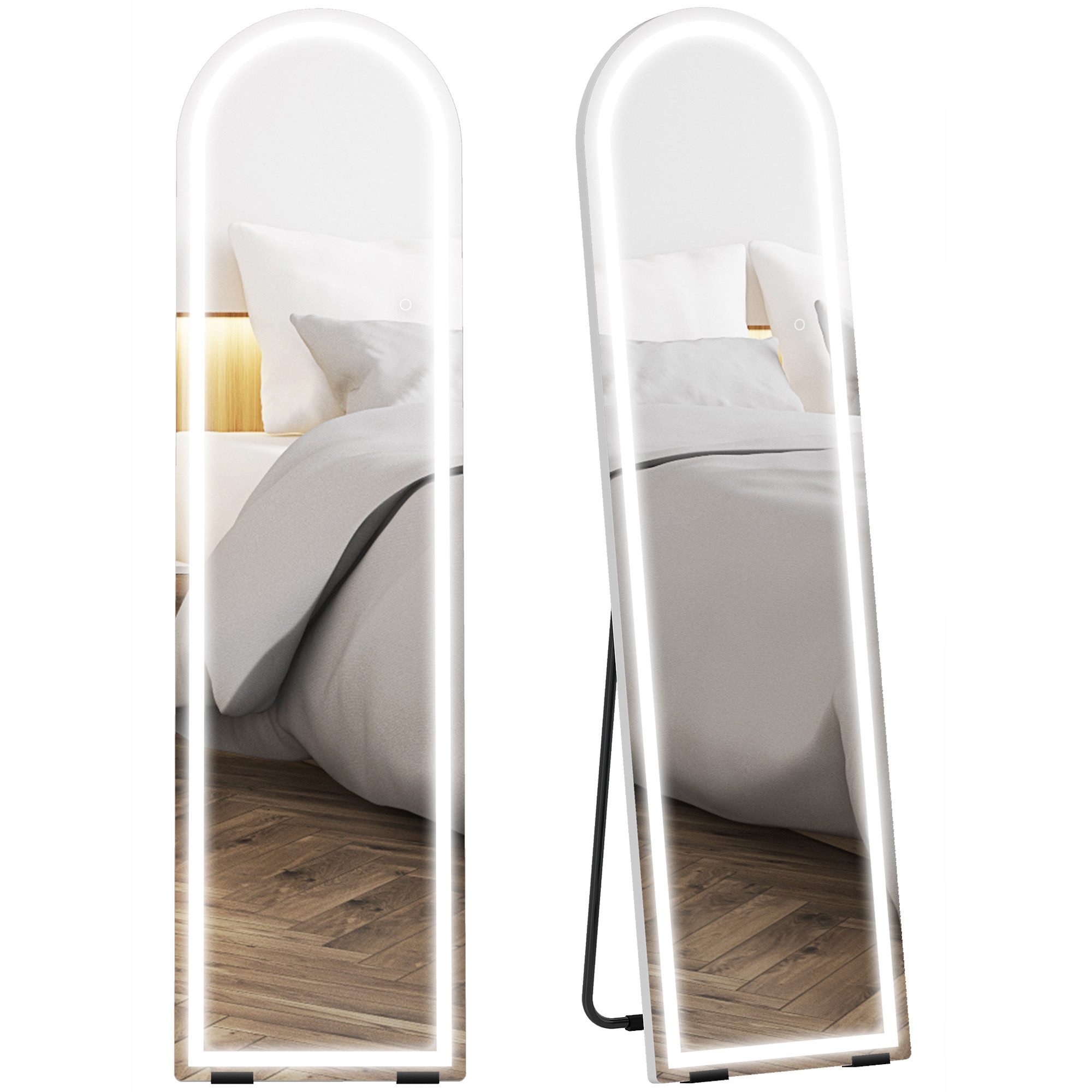 HOMCOM Standspiegel Ganzkörperspiegel, dimmbar LED, 3 Lichtfarben, Bodenspiegel (Stehspiegel, 1-St., Wandspiegel), für Wohnzimmer, Schlafzimmer, Weiß