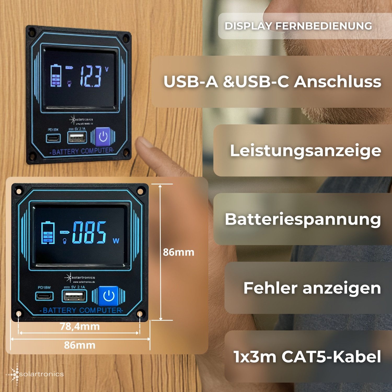 solartronics Wechselrichter Reiner Sinus Wechselrichter 1000W mit Kabel-Display-Fernbedienung