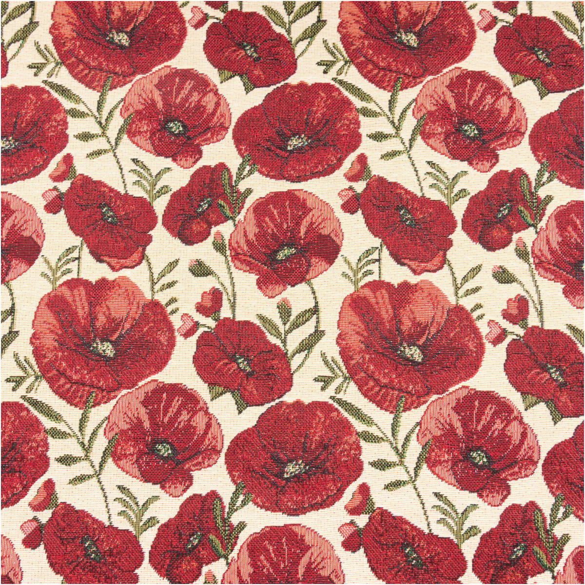 SCHÖNER LEBEN. Stoff Jacquard Stoff Meterware Gobelin Mohnblüten rot beige 140cm, pflegeleicht