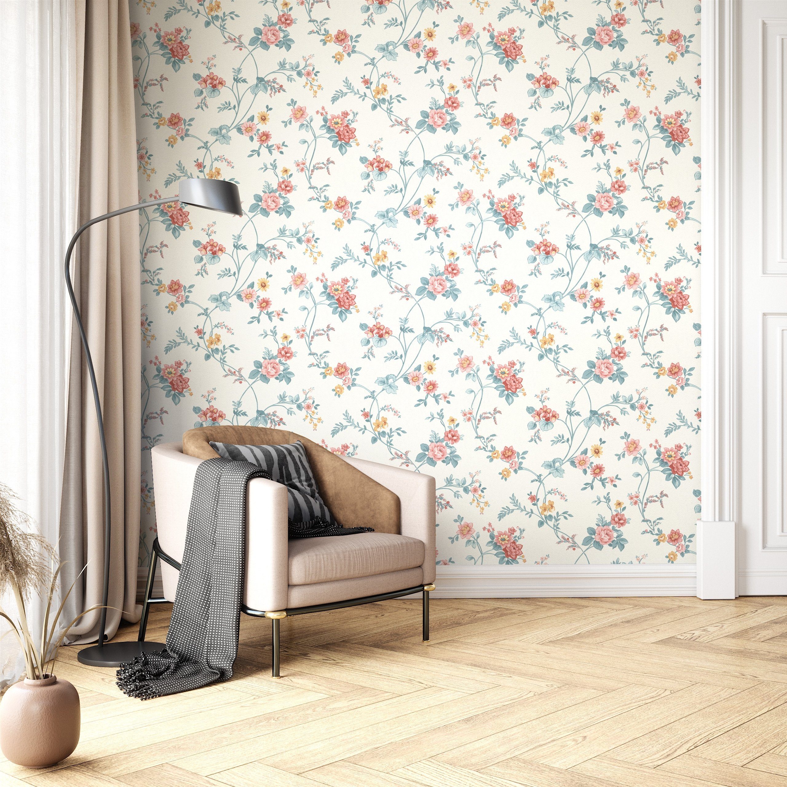 Newroom Vliestapete Luciana Tapete Blumentapete Blumen,Blüten,Wiese, Weiß Tapete Landhaus Blumen - Blumentapete Blau Rot Romantisch Floral Blüten Wiese für Wohnzimmer Schlafzimmer Büro, modern