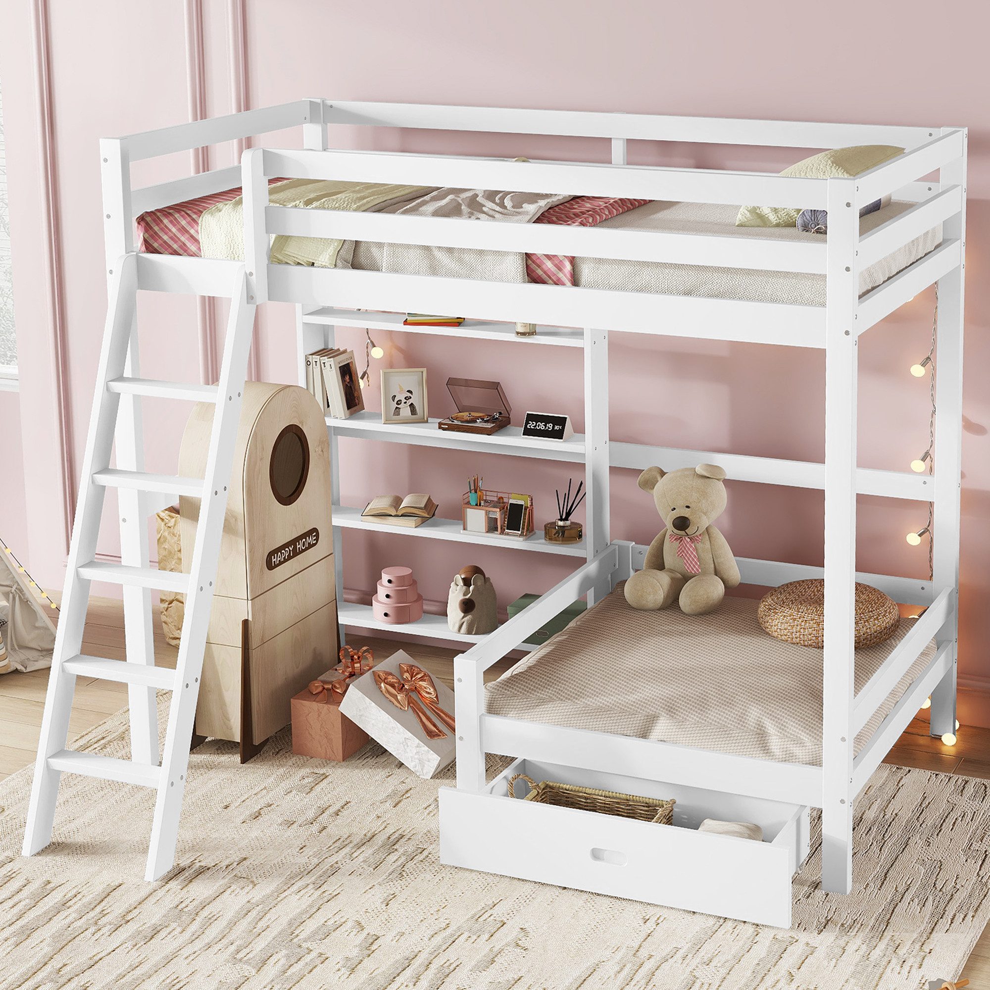 Flieks Hochbett Etagenbett mit Regalen und Leiter, Sofa mit einer Schublade günstig online kaufen