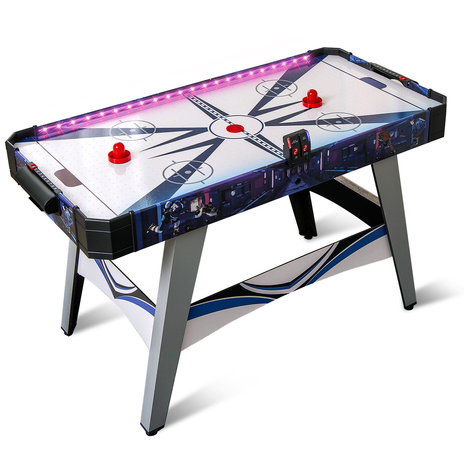 COSTWAY Air-Hockeytisch, LED Spieltisch mit 12V Motor, 2 Schiebern & Pucks