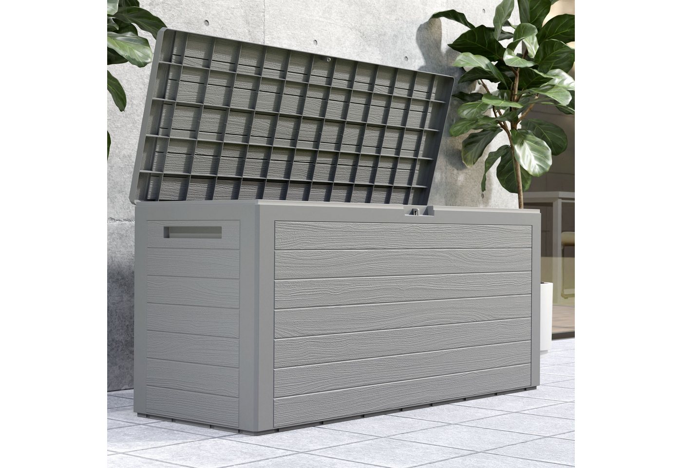 Thumbnail - Casaria Auflagenbox Woody (1 St), 280L UV-beständig Griffmulden Verschließbar Balkon Holz-Optik Grau