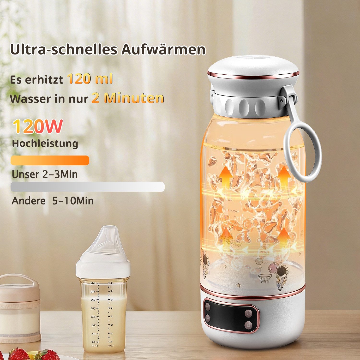 CkeyiN Babyflaschenwärmer 500ml Tragbarer Milchwärmer für unterwegs 35- 100℃ schnelles Aufheizen, 24H konstanter Temperatur Thermoflasche für Muttermilch & Wasser