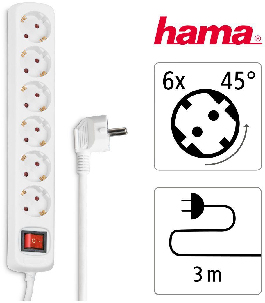 Hama mit 3 Mehrfachsteckdose, Steckerleiste 6-fach m Schalter, 6-fach, Steckdosenleiste 3 Kabel (Kabellänge m)