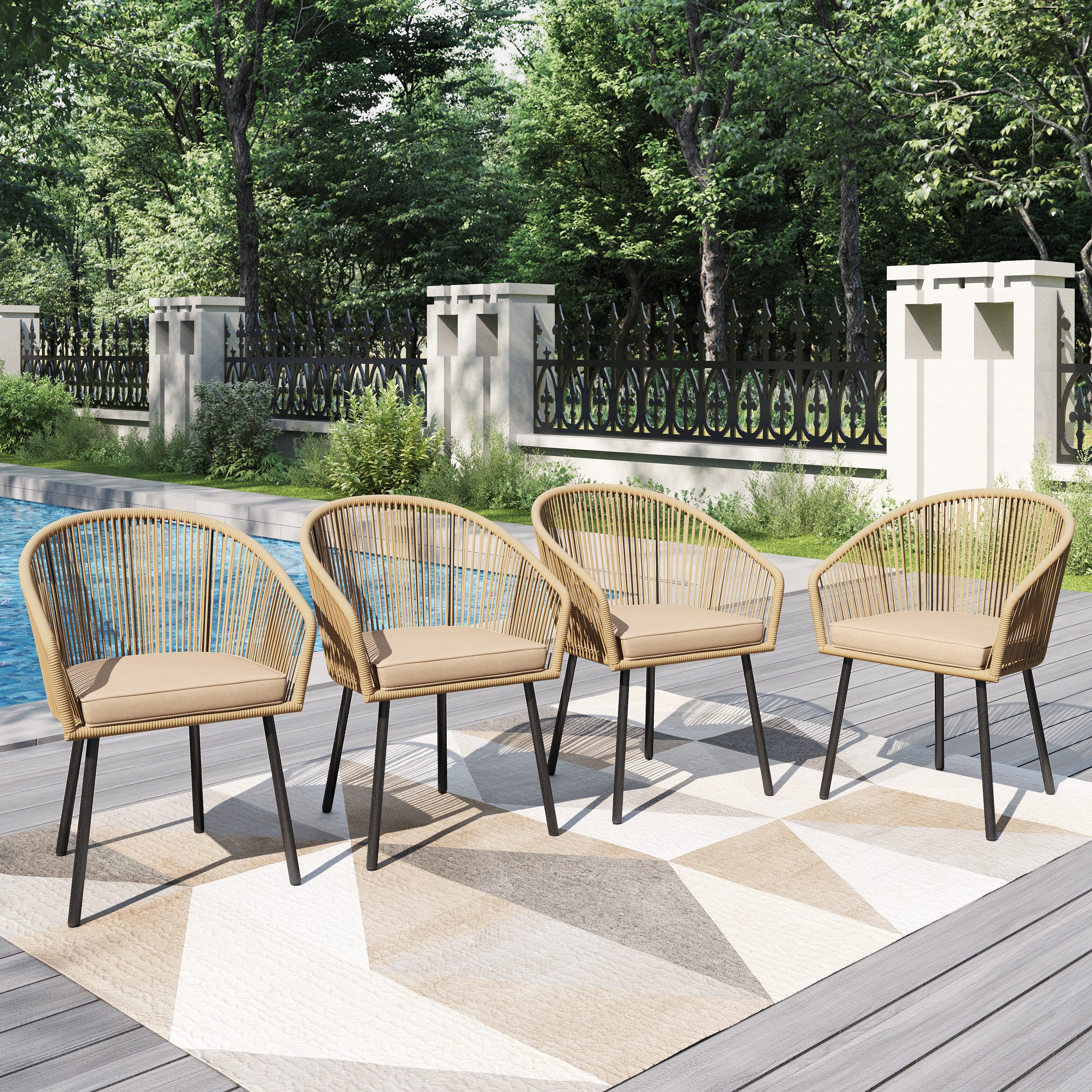 PHI VILLA Gartenstuhl (Rattansessel Gartensessel Balkonstuhl Outdoor Sessel), Gartenstuhl 4er Set für Hinterhof Balkon Terrasse, Beige