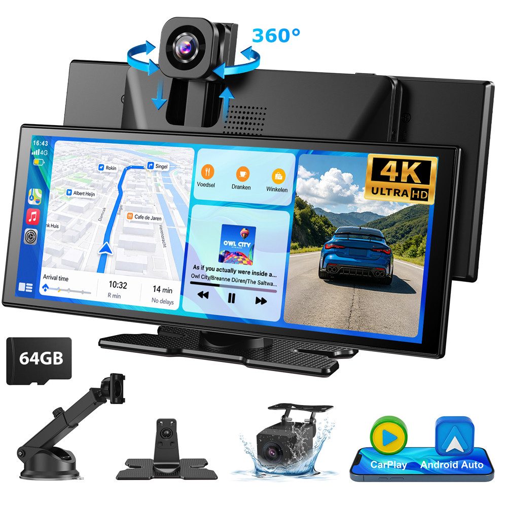 ESSGOO 4K 11,3“ Android Auto 360° Dashcam mit Rückfahrkamera Spiegel Dashcam (HD, Tragbar Autoradio Rückfahrkamera IPS Touchscreen GPS Navi FM AUX)