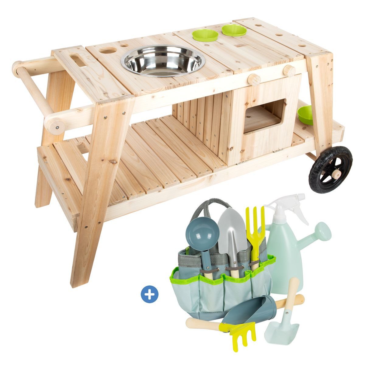 Small Foot Outdoor-Spielküche Natur, Fahrbare Holz Matschküche Outdoor Spielküche mit Rädern und Gartenset